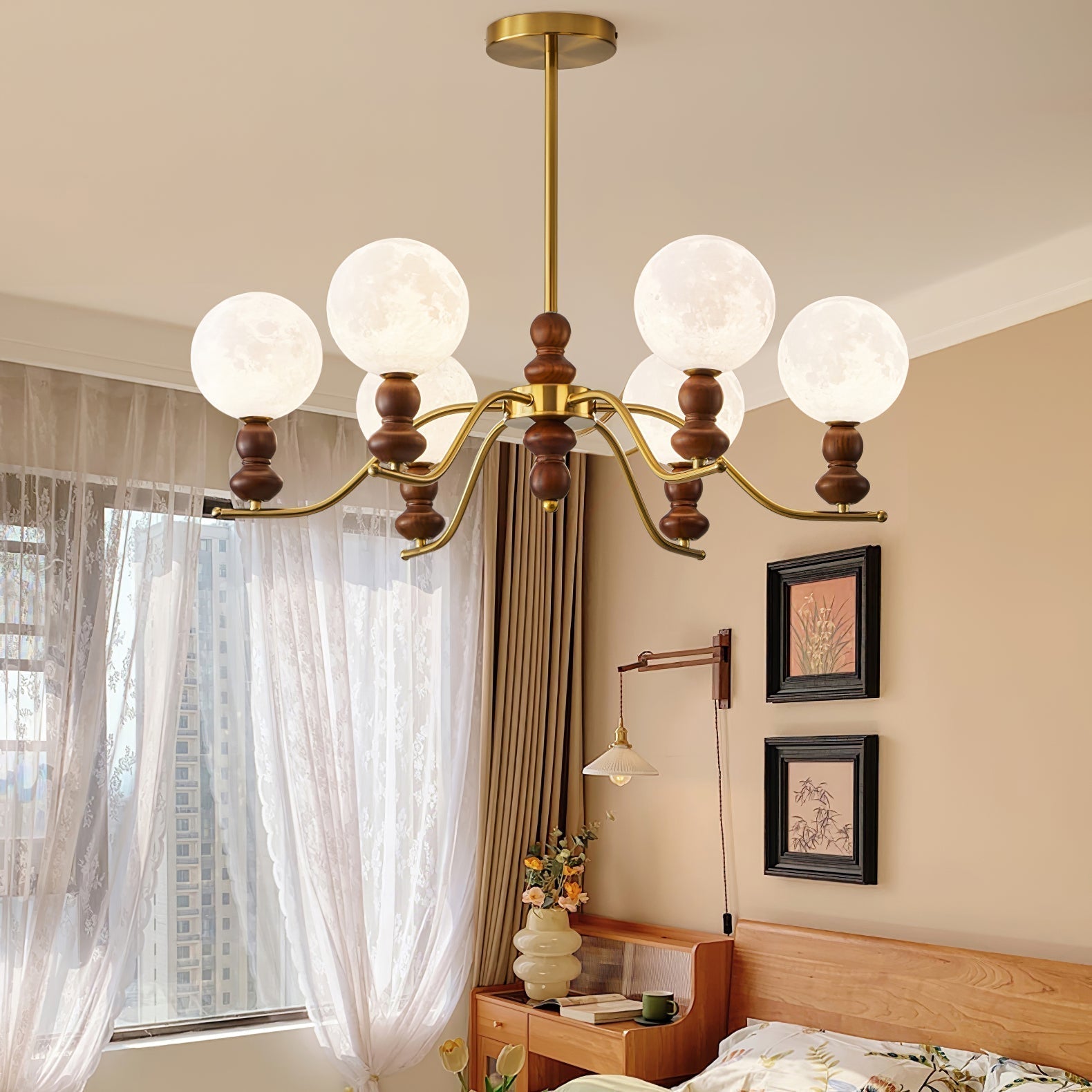 Virelle Lustre Lustra Laiton Bois Globe de Lune Élégant