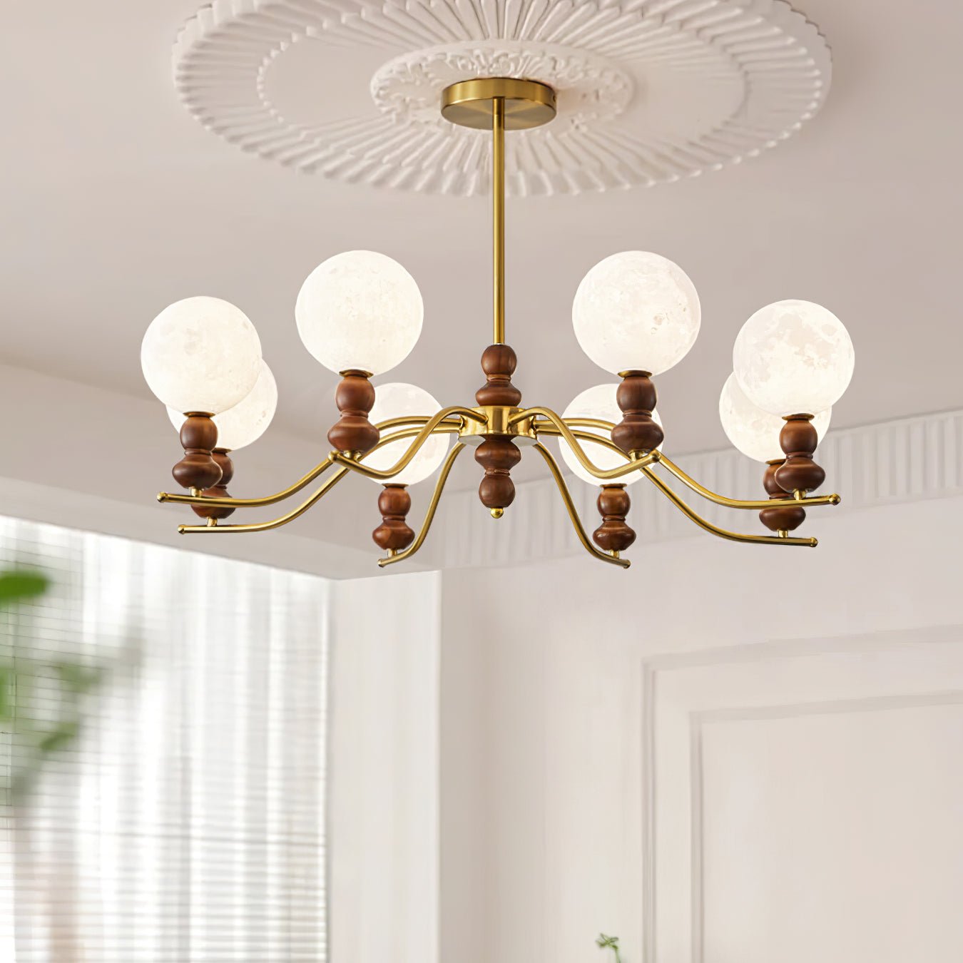 Virelle Lustre Lustra Laiton Bois Globe de Lune Élégant