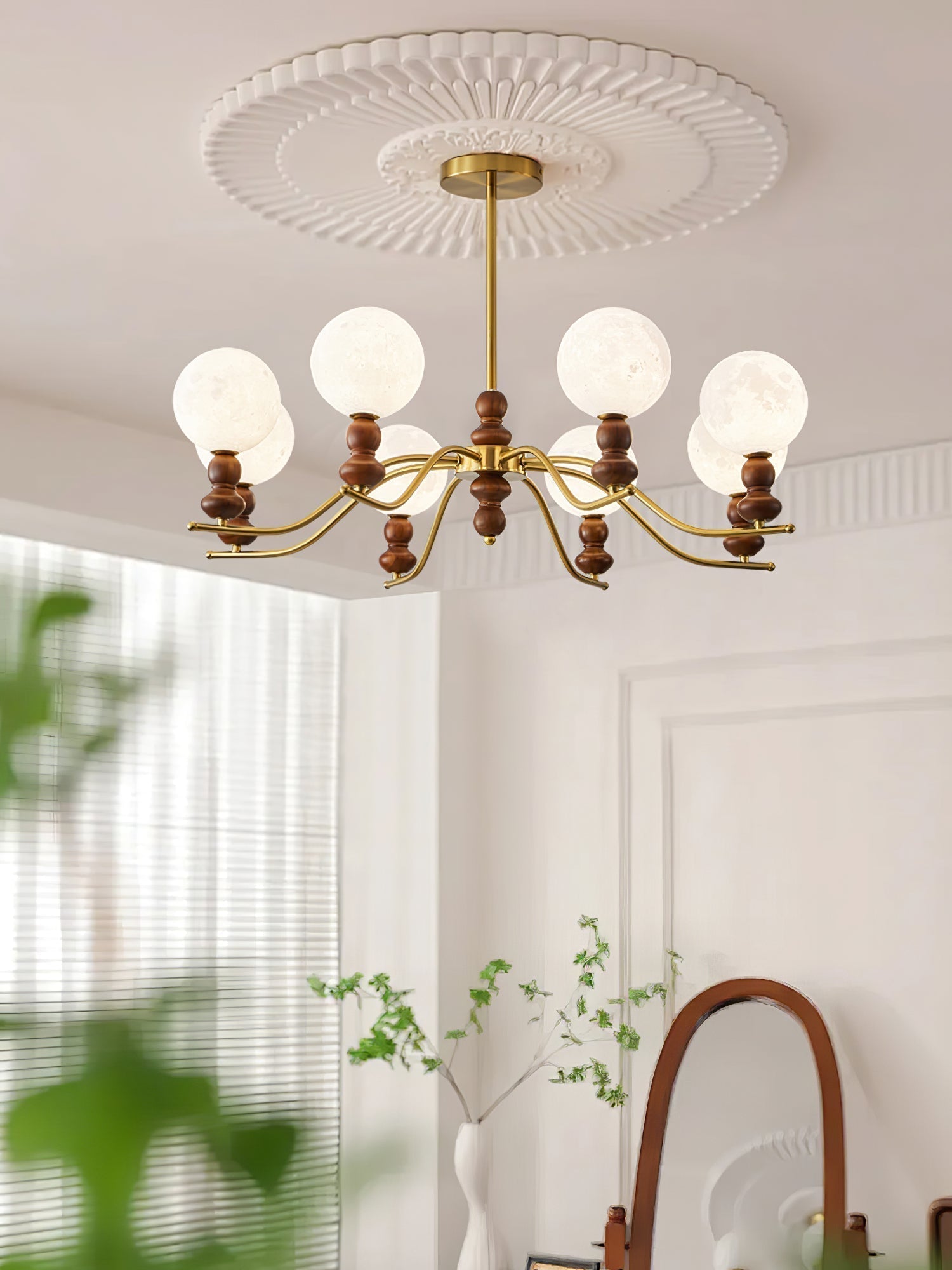 Virelle Lustre Lustra Laiton Bois Globe de Lune Élégant