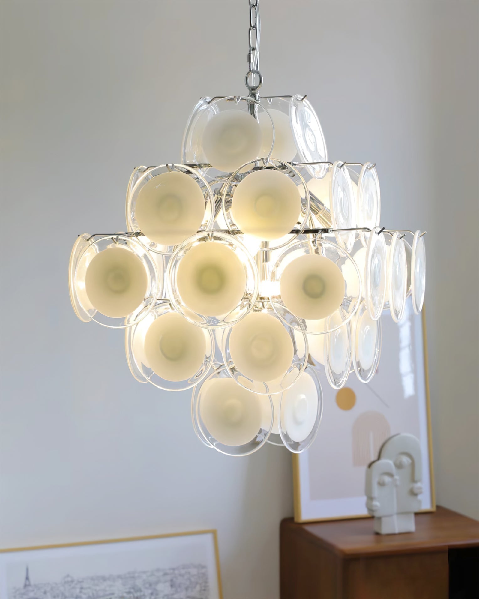 Aurora Lustre Blanc Murano Verre Disques Grappe