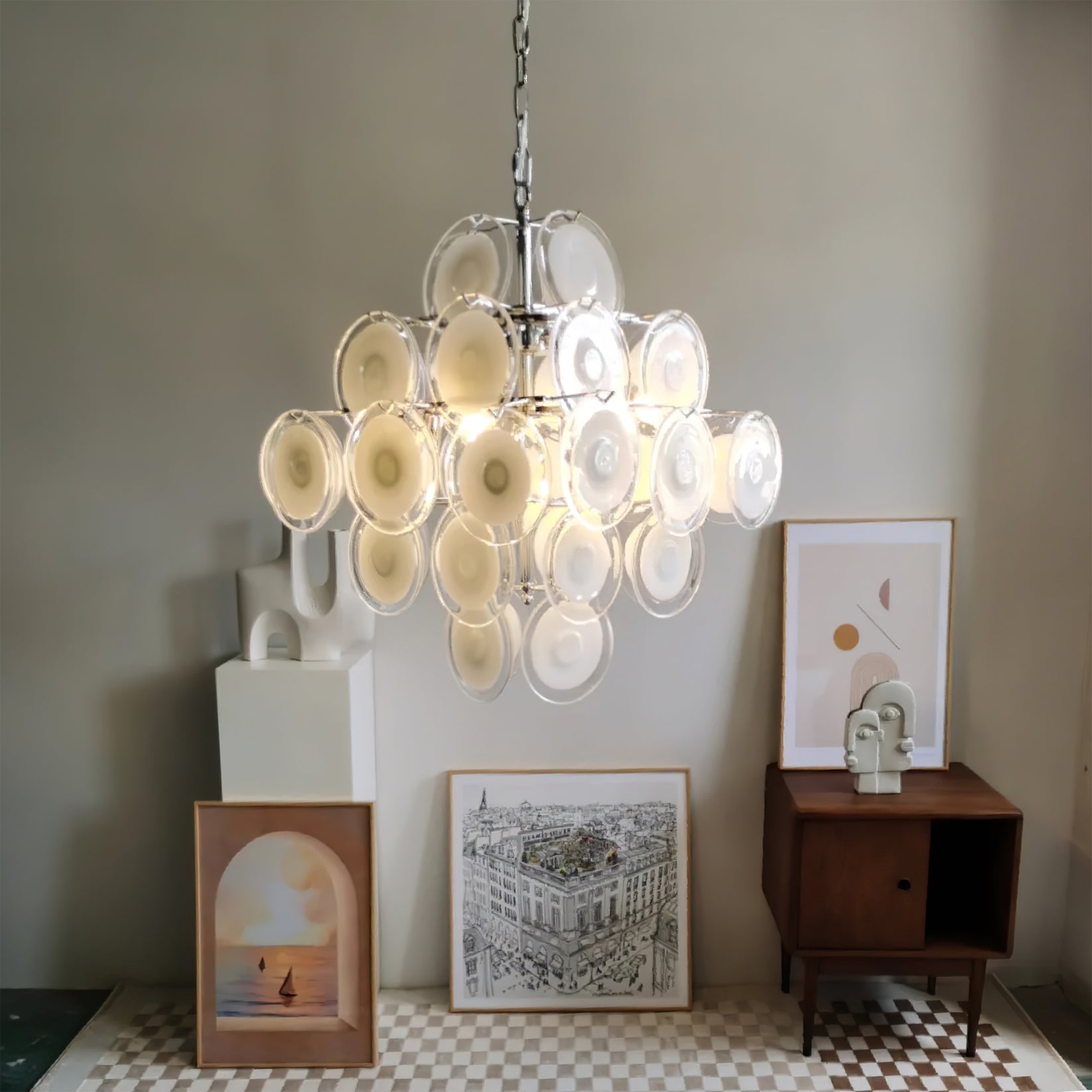 Aurora Lustre Blanc Murano Verre Disques Grappe