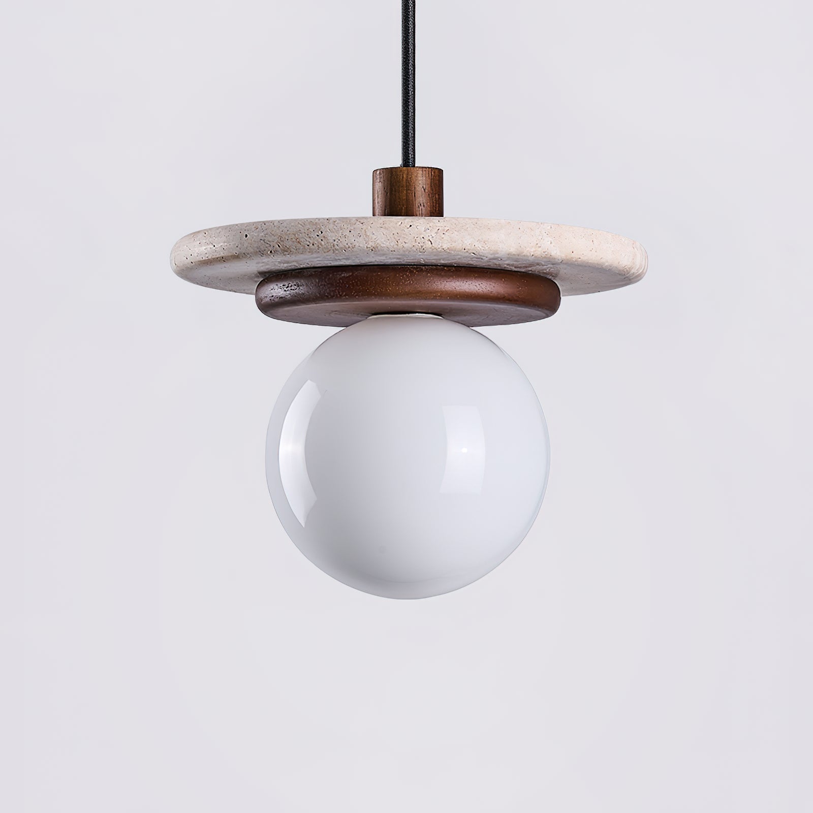 Lampe Suspension Globe en Verre Disque en Travertin Bois de Noyer Naturel