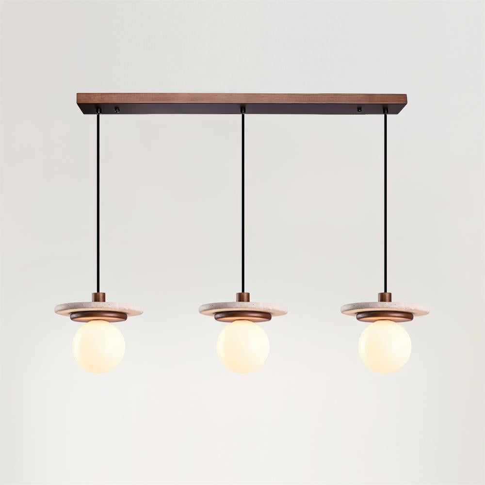 Lampe Suspension Globe en Verre Disque en Travertin Bois de Noyer Naturel