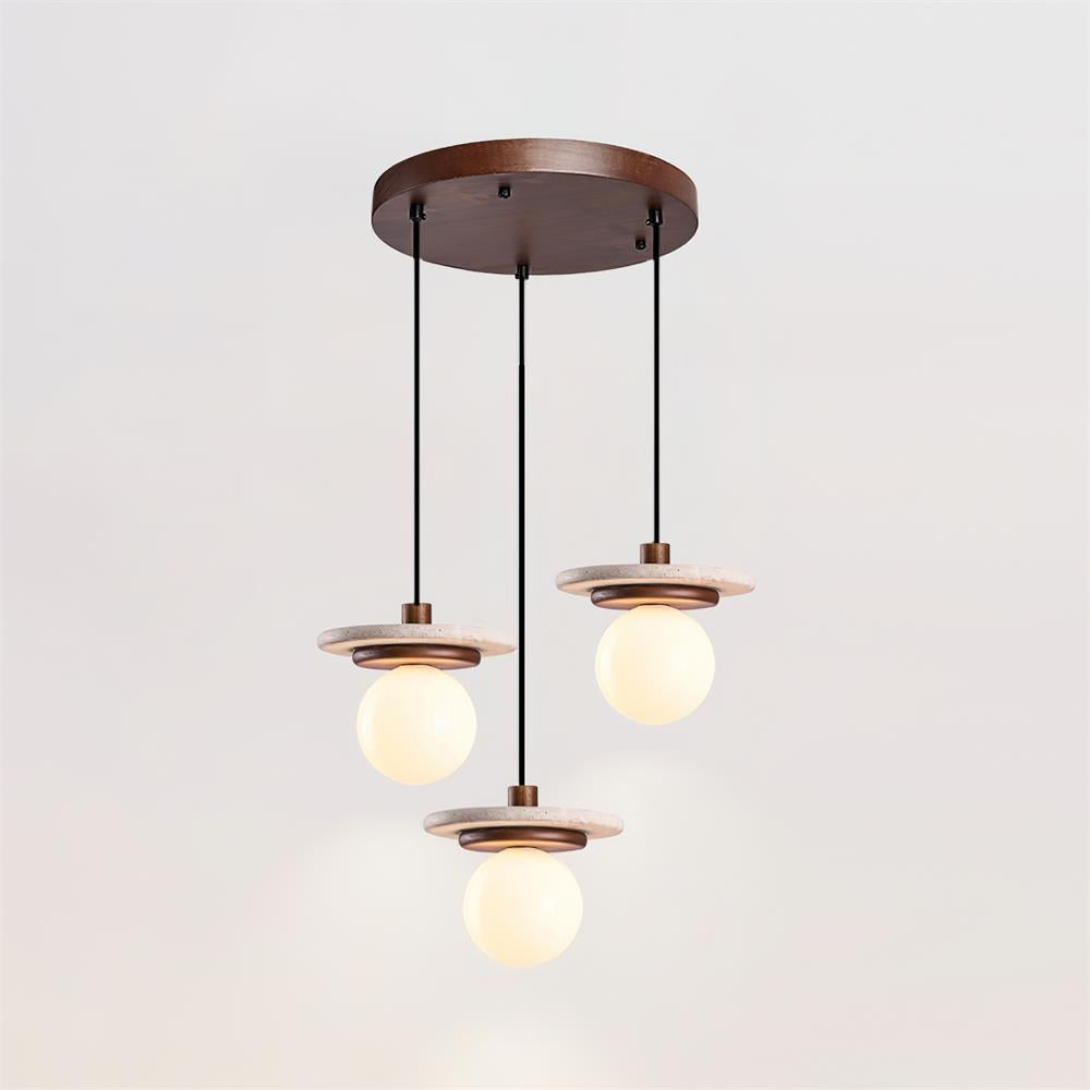 Lampe Suspension Globe en Verre Disque en Travertin Bois de Noyer Naturel