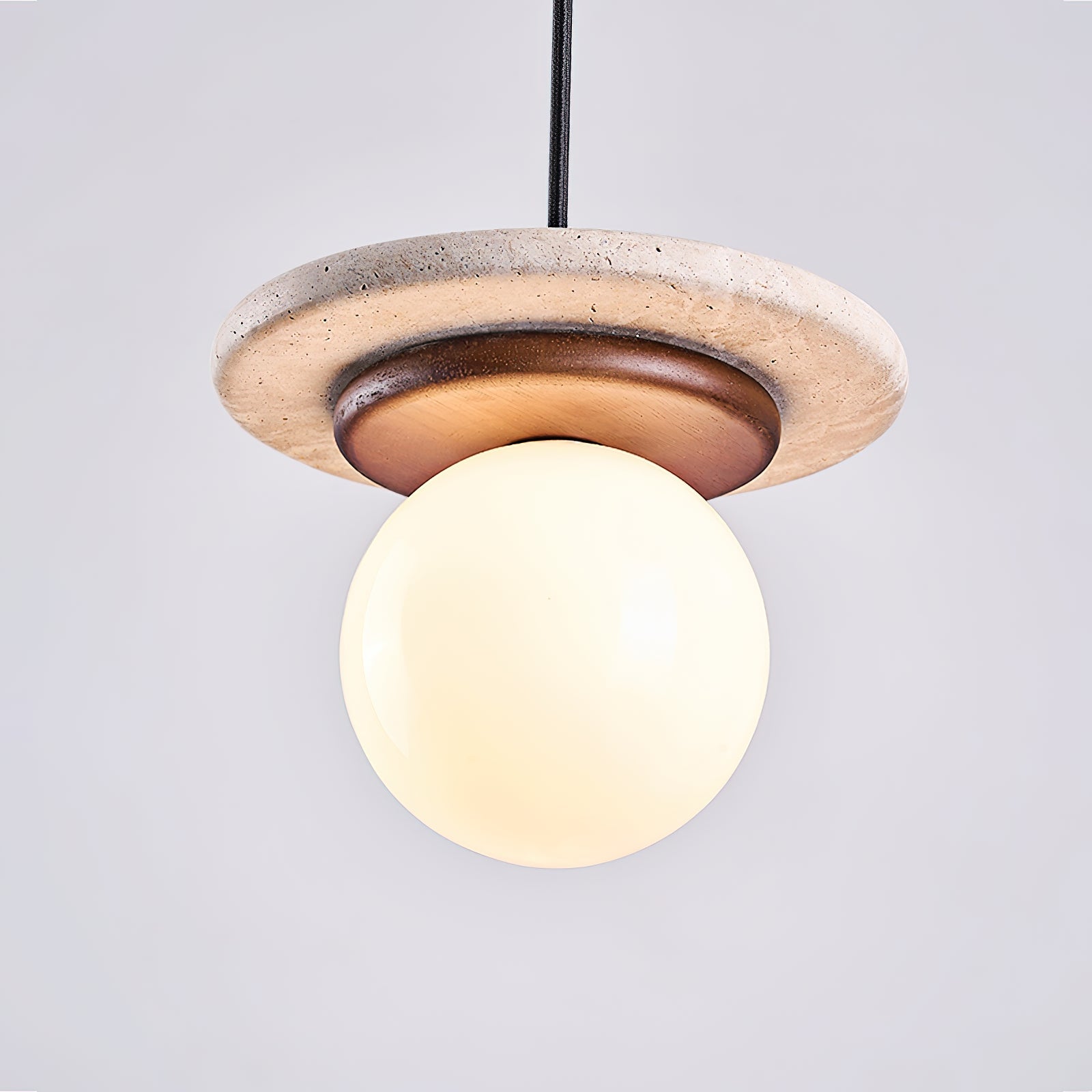 Lampe Suspension Globe en Verre Disque en Travertin Bois de Noyer Naturel