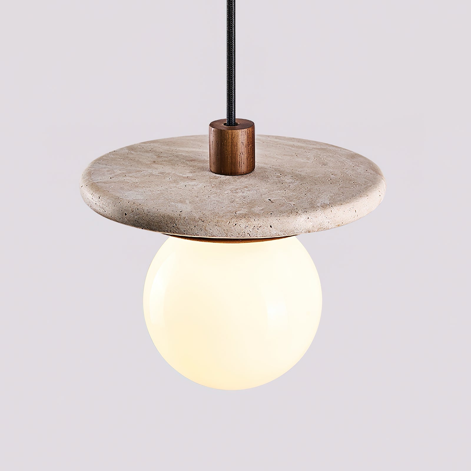 Lampe Suspension Globe en Verre Disque en Travertin Bois de Noyer Naturel
