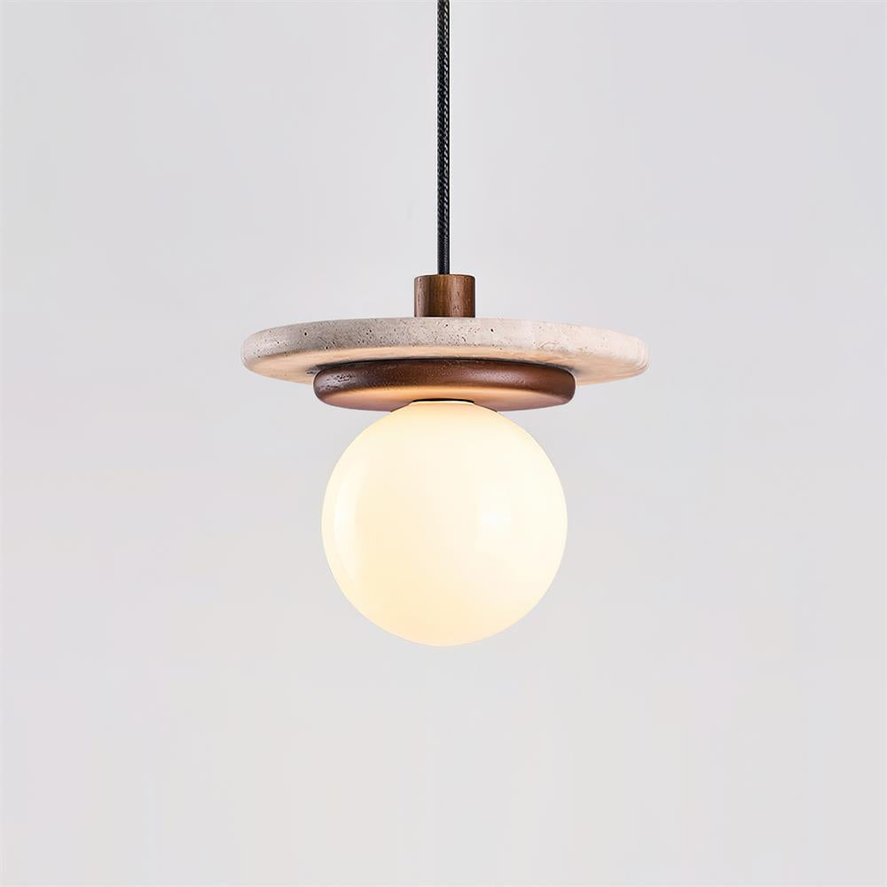 Lampe Suspension Globe en Verre Disque en Travertin Bois de Noyer Naturel