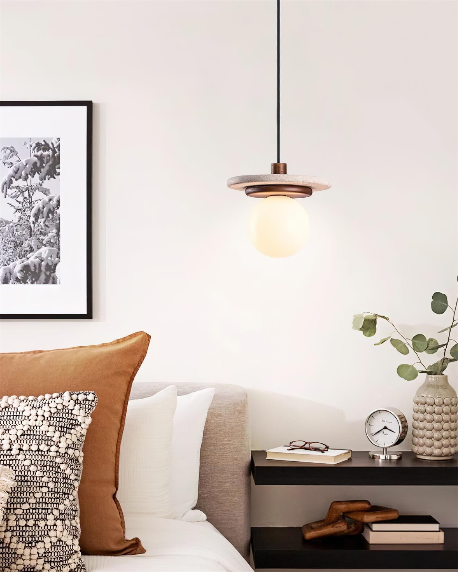 Lampe Suspension Globe en Verre Disque en Travertin Bois de Noyer Naturel