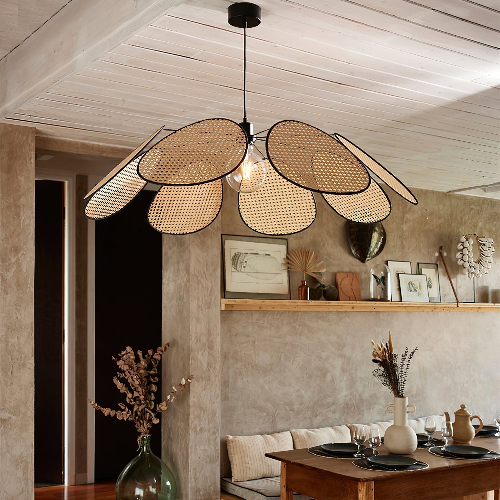 Lustre Avec Pétales et Cadre en Rotin Ambient Bohemian