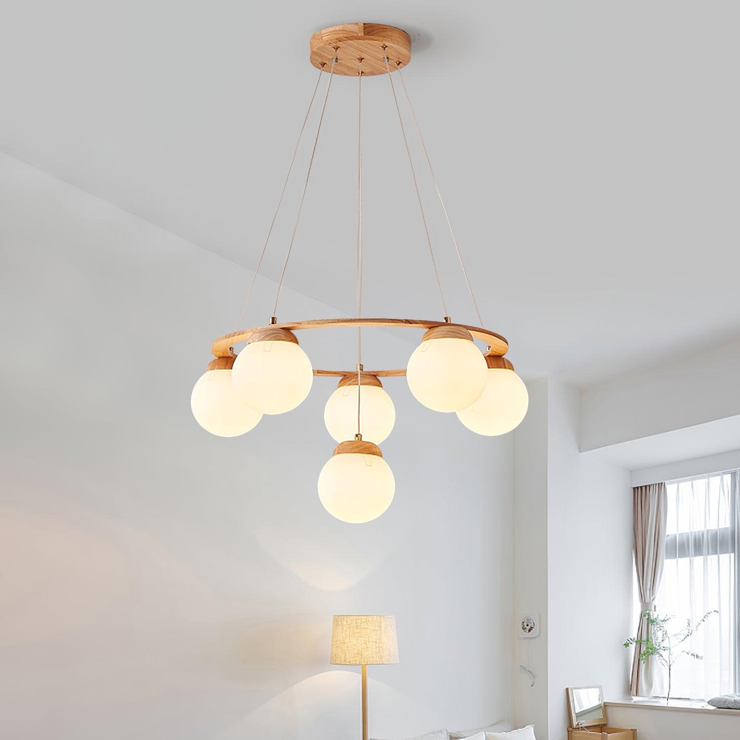 Lustra Lustre en Bois avec Anneau et Globes