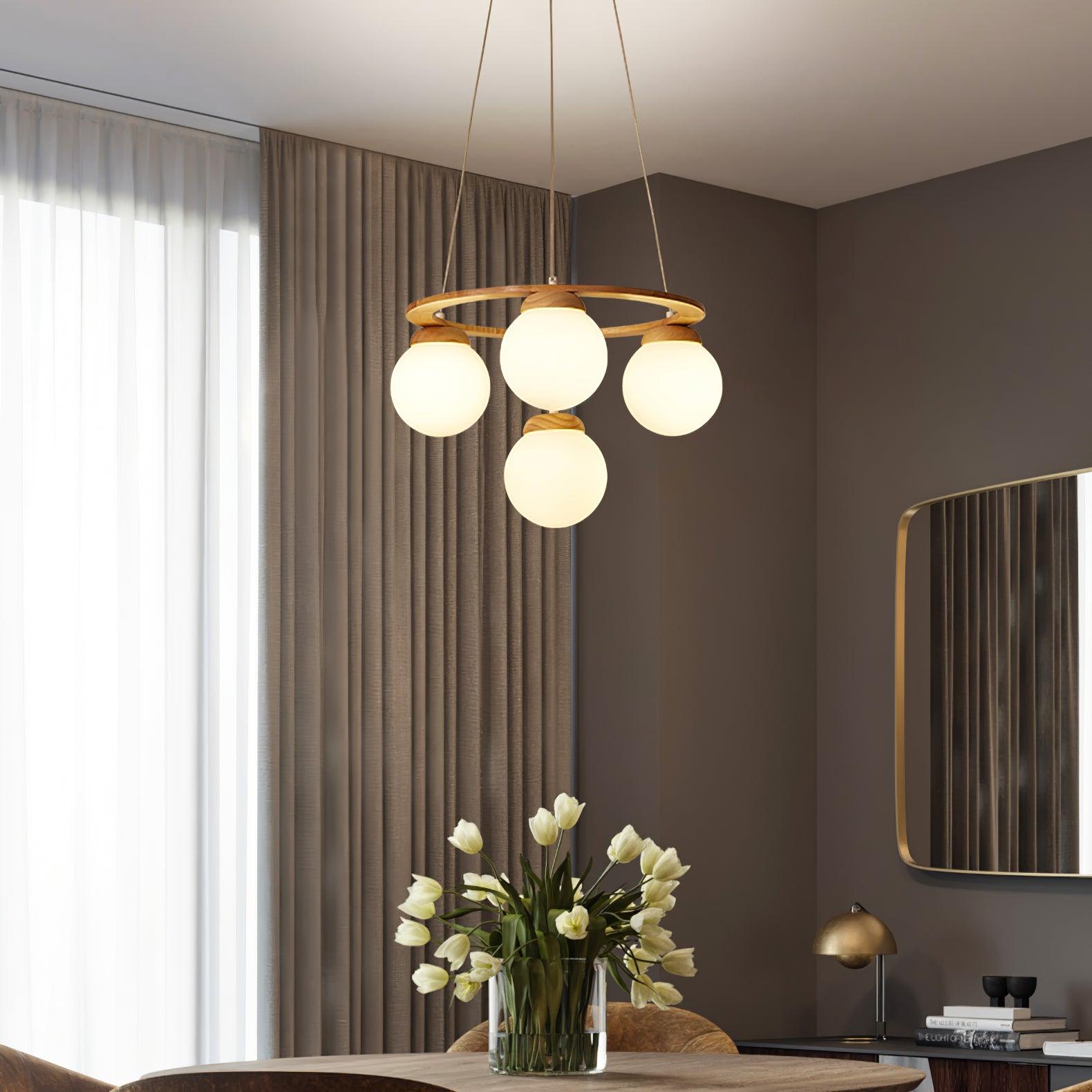 Lustra Lustre en Bois avec Anneau et Globes