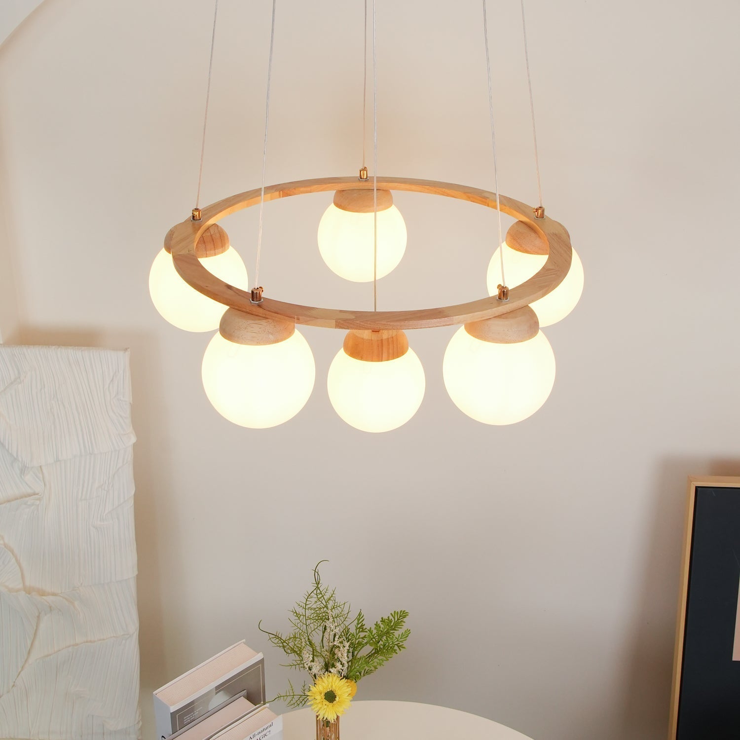 Lustra Lustre en Bois avec Anneau et Globes