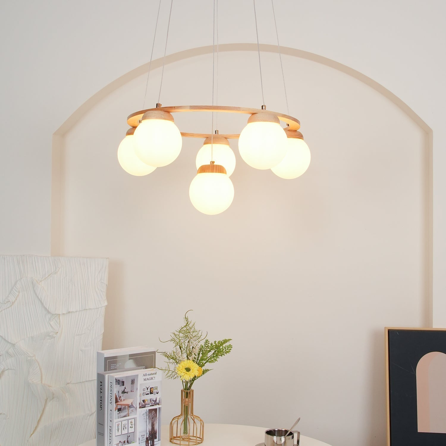 Lustra Lustre en Bois avec Anneau et Globes