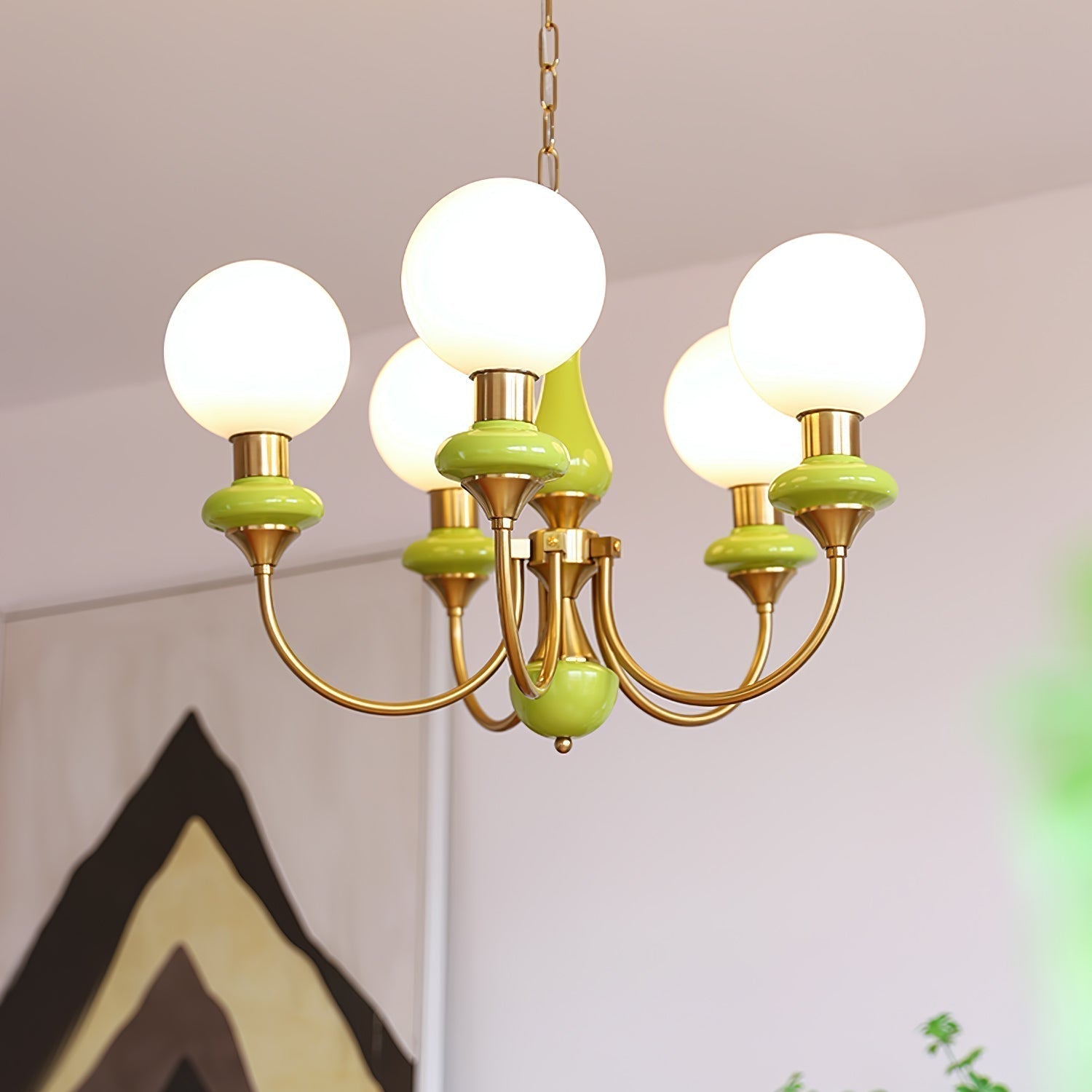 Lustra Lustre Abat-jours Verts Bras Courbés en Or