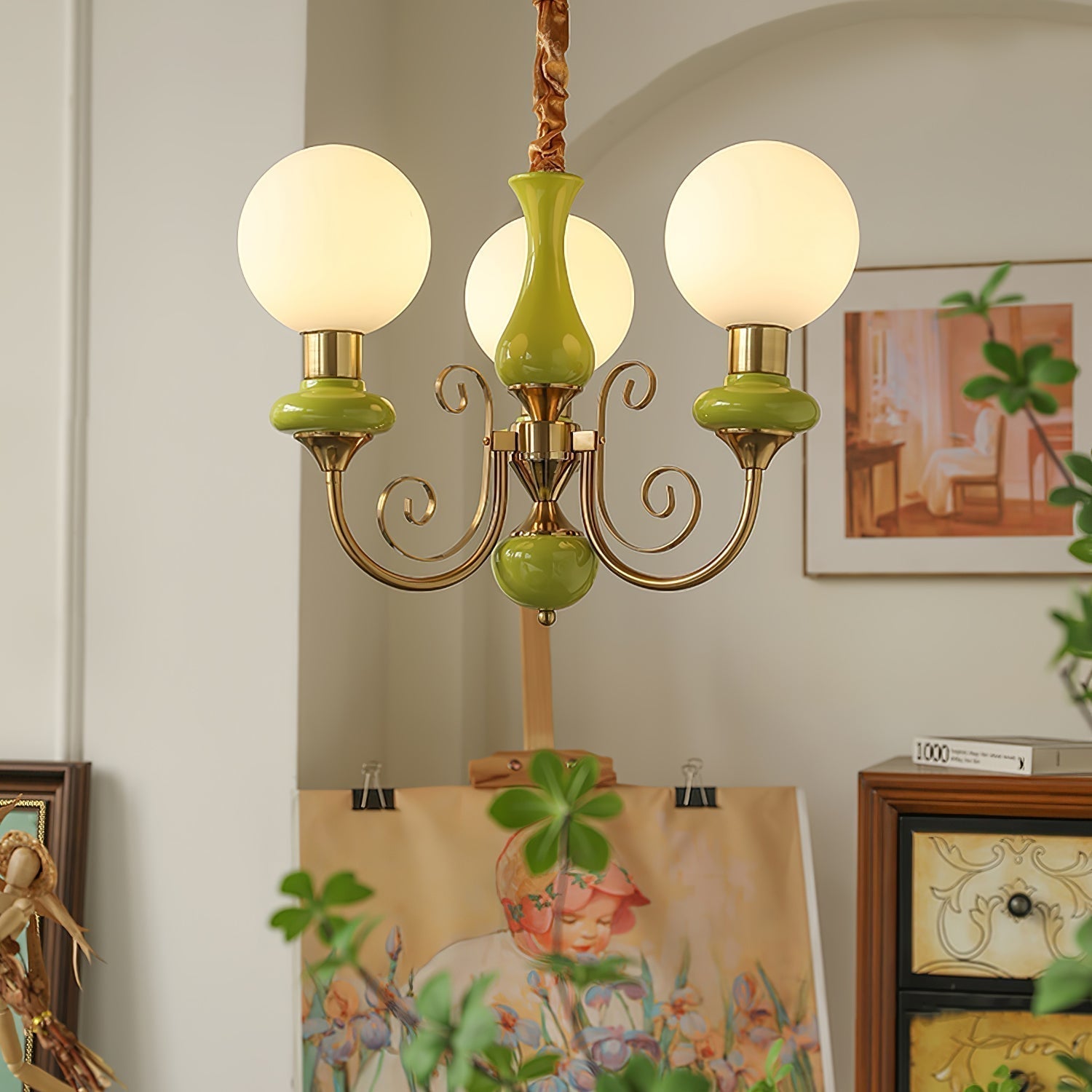 Lustra Lustre Abat-jours Verts Bras Courbés en Or