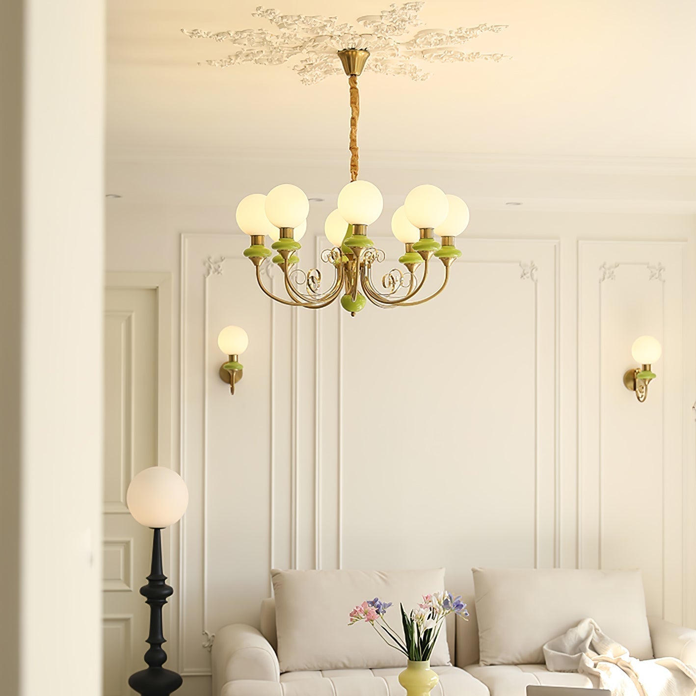 Lustra Lustre Abat-jours Verts Bras Courbés en Or