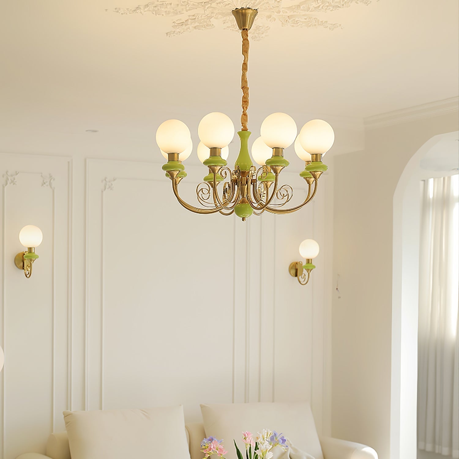 Lustra Lustre Abat-jours Verts Bras Courbés en Or