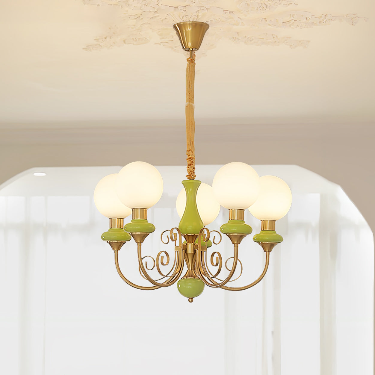 Lustra Lustre Abat-jours Verts Bras Courbés en Or