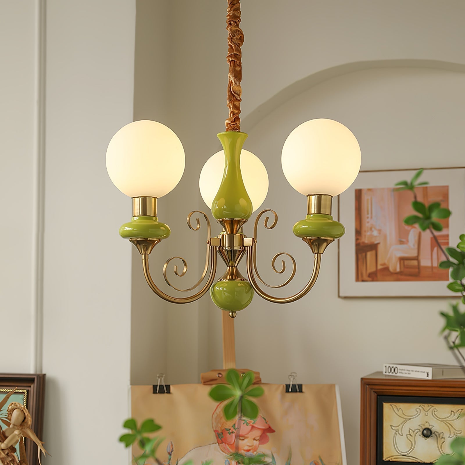 Lustra Lustre Abat-jours Verts Bras Courbés en Or