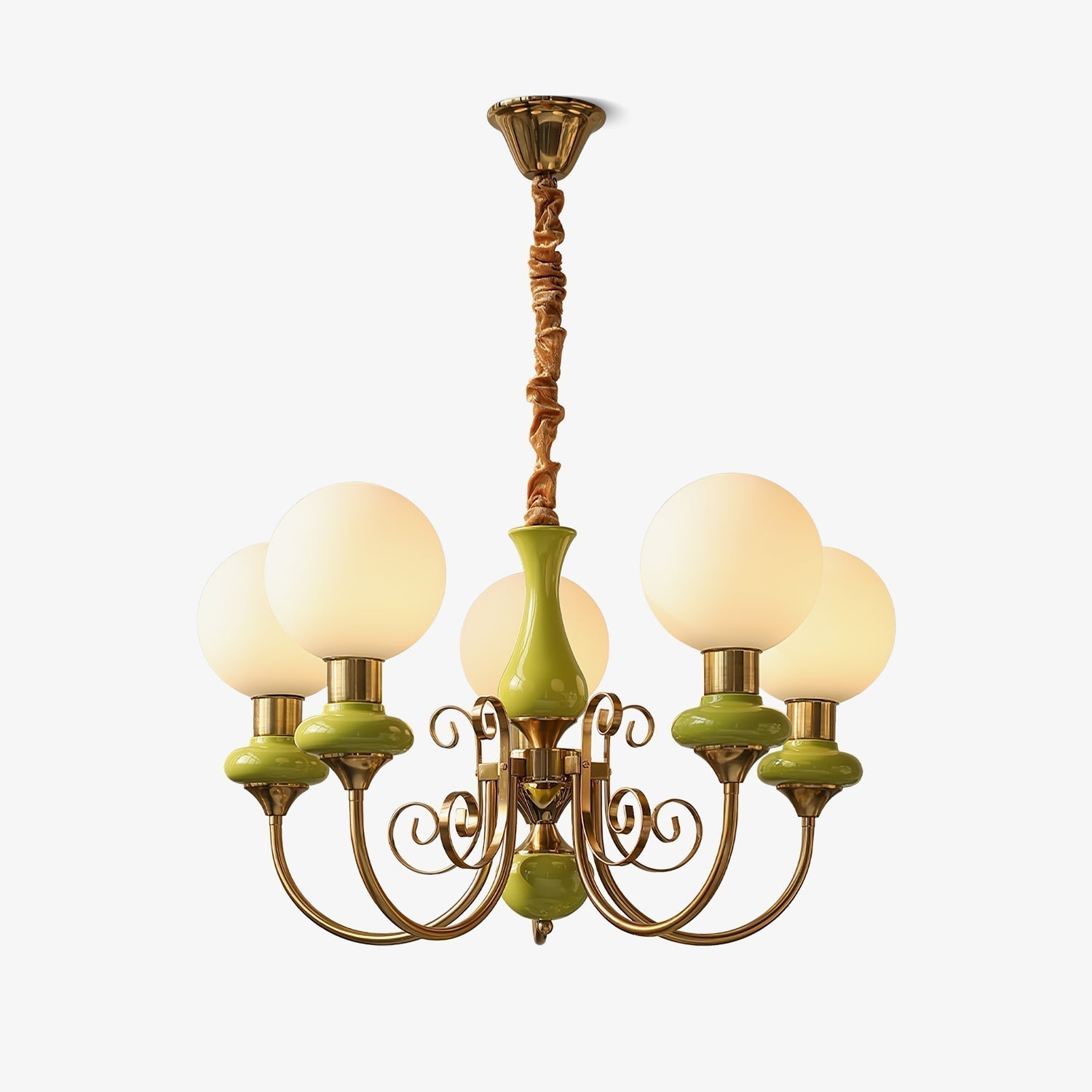 Lustra Lustre Abat-jours Verts Bras Courbés en Or