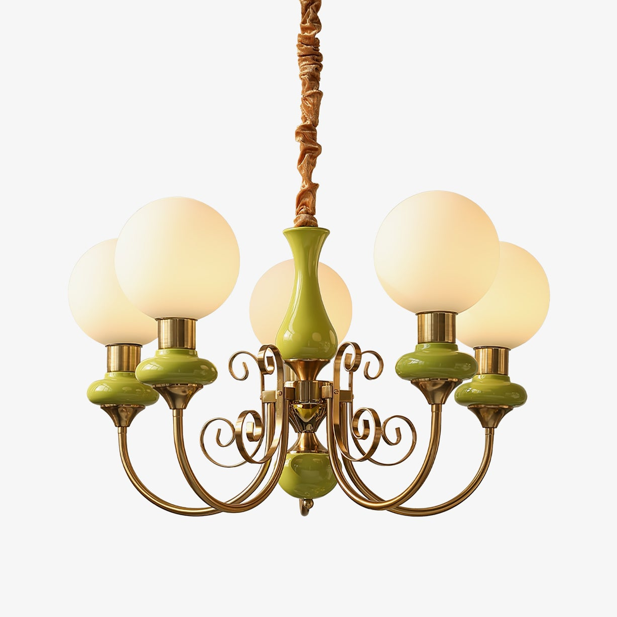 Lustra Lustre Abat-jours Verts Bras Courbés en Or
