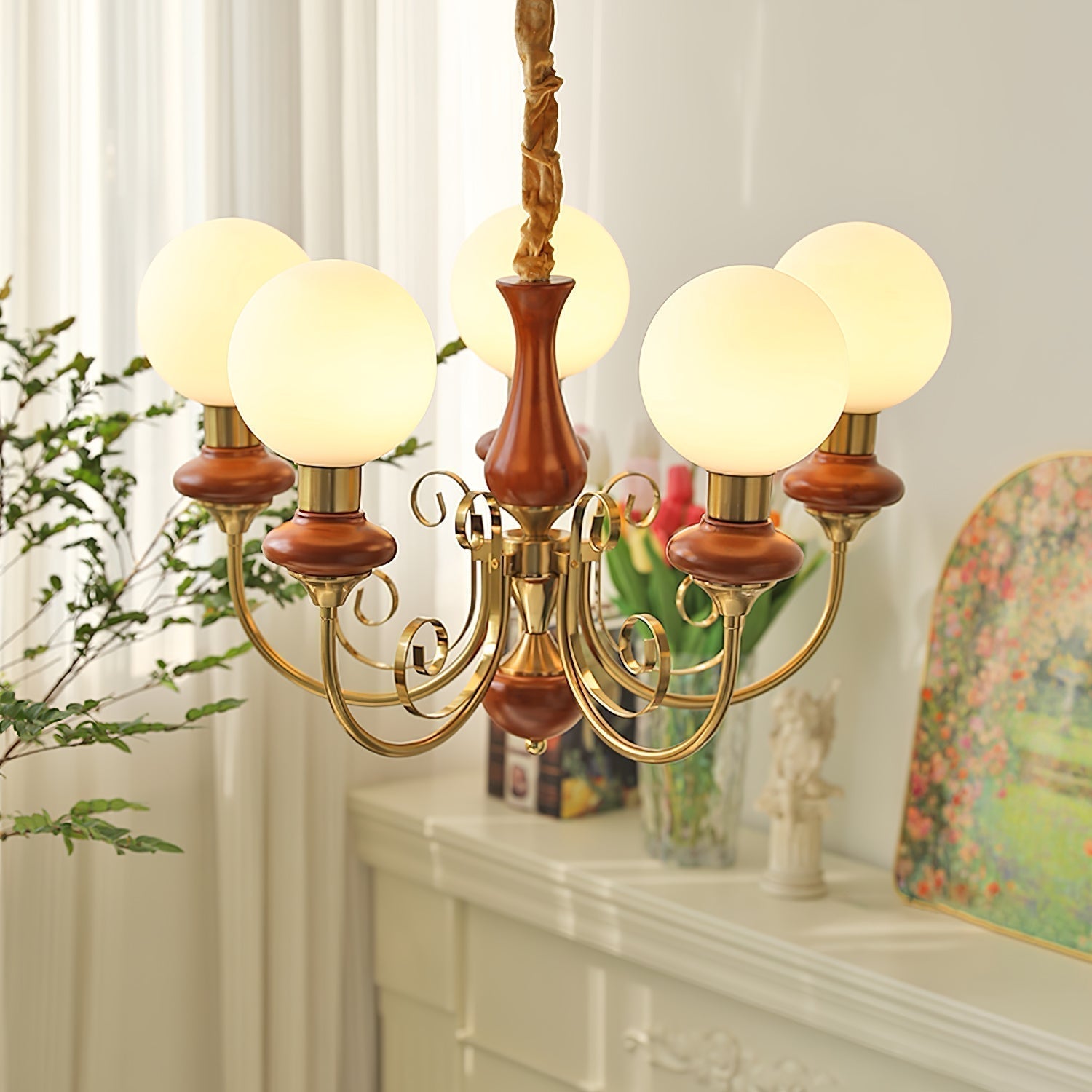Lustra Lustre Abat-jours Verts Bras Courbés en Or