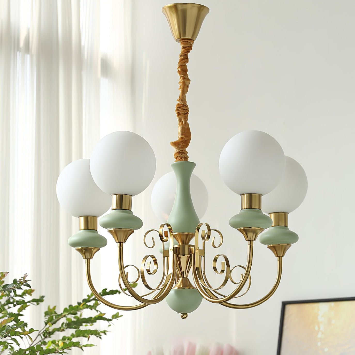 Lustra Lustre Abat-jours Verts Bras Courbés en Or