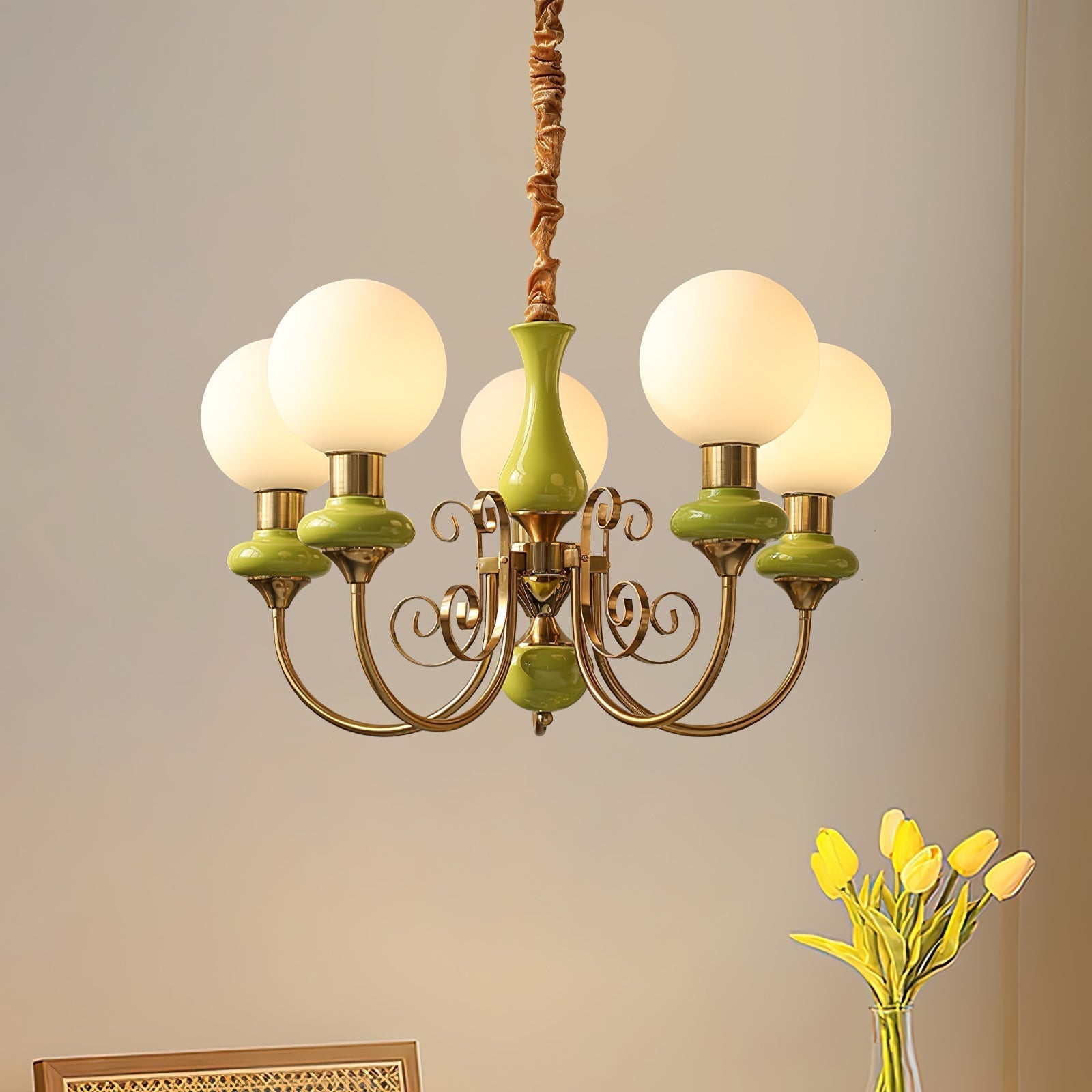 Lustra Lustre Abat-jours Verts Bras Courbés en Or