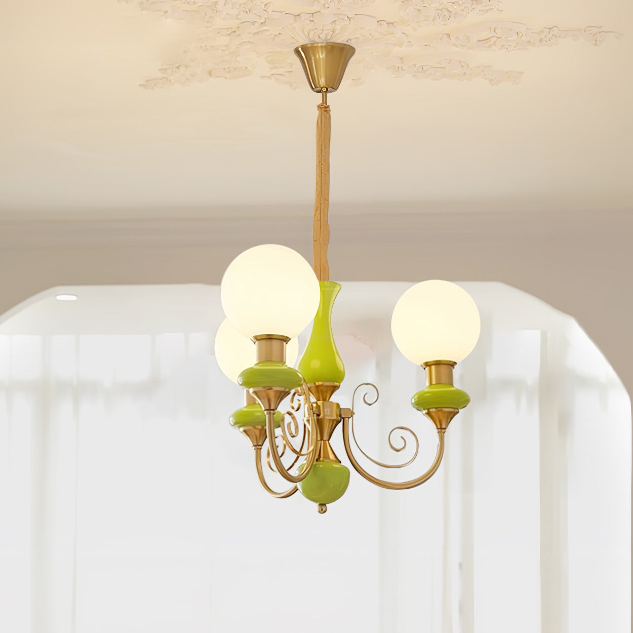 Lustra Lustre Abat-jours Verts Bras Courbés en Or