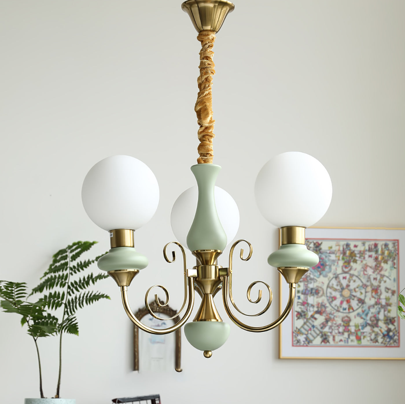 Lustra Lustre Abat-jours Verts Bras Courbés en Or
