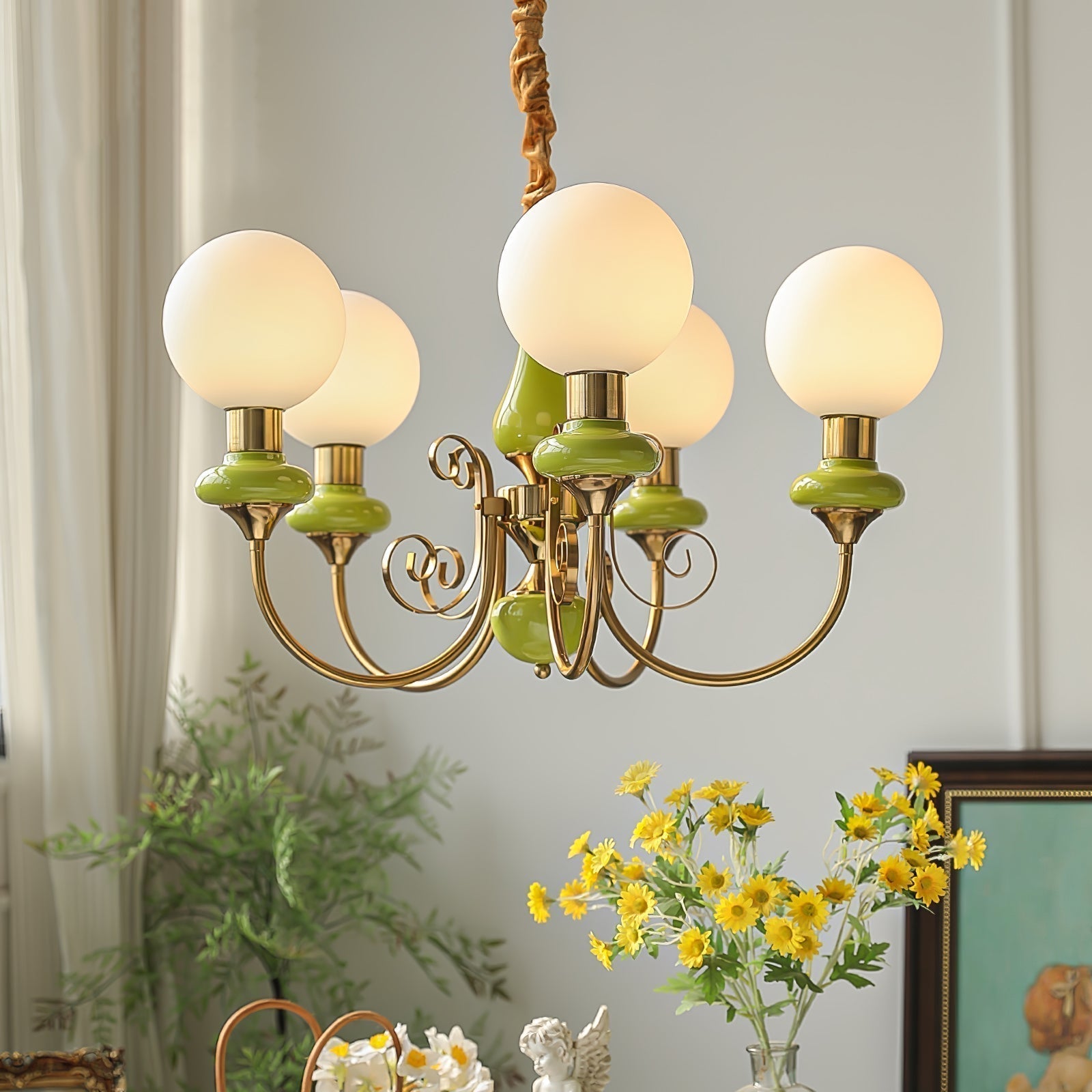 Lustra Lustre Abat-jours Verts Bras Courbés en Or