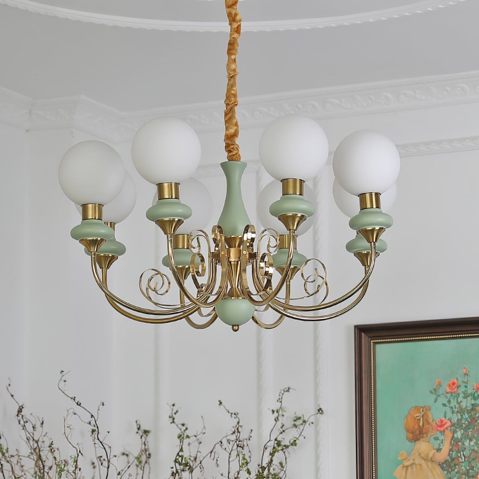Lustra Lustre Abat-jours Verts Bras Courbés en Or