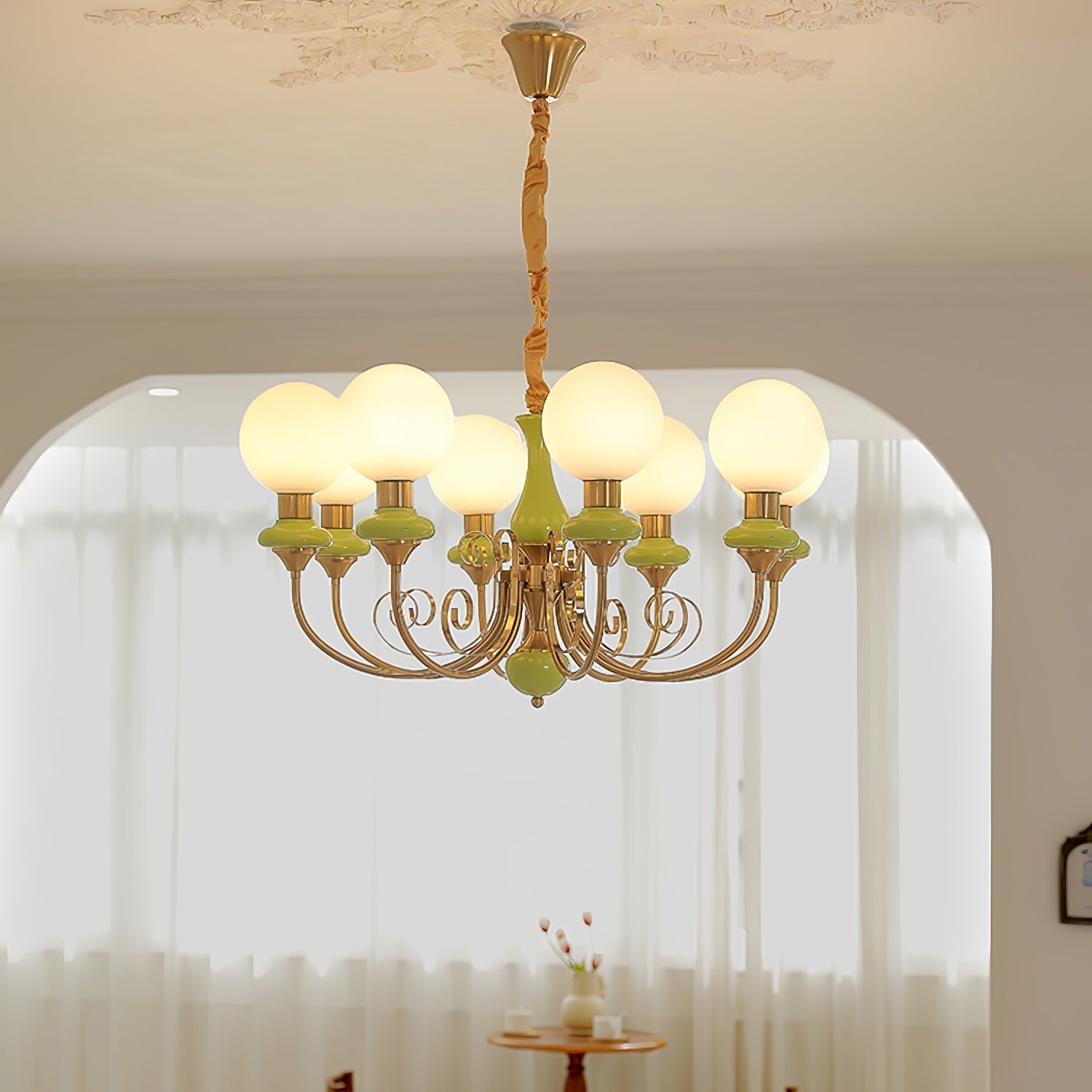 Lustra Lustre Abat-jours Verts Bras Courbés en Or