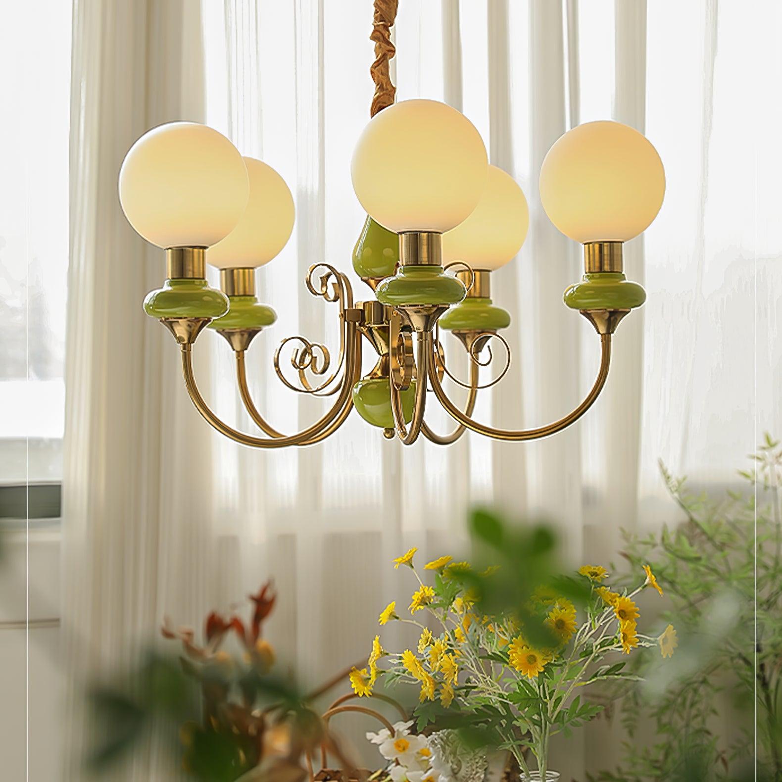 Lustra Lustre Abat-jours Verts Bras Courbés en Or
