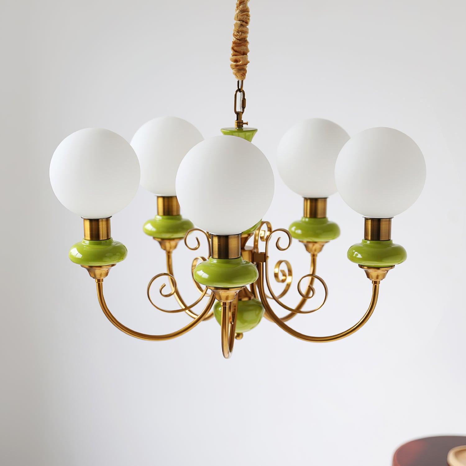 Lustra Lustre Abat-jours Verts Bras Courbés en Or