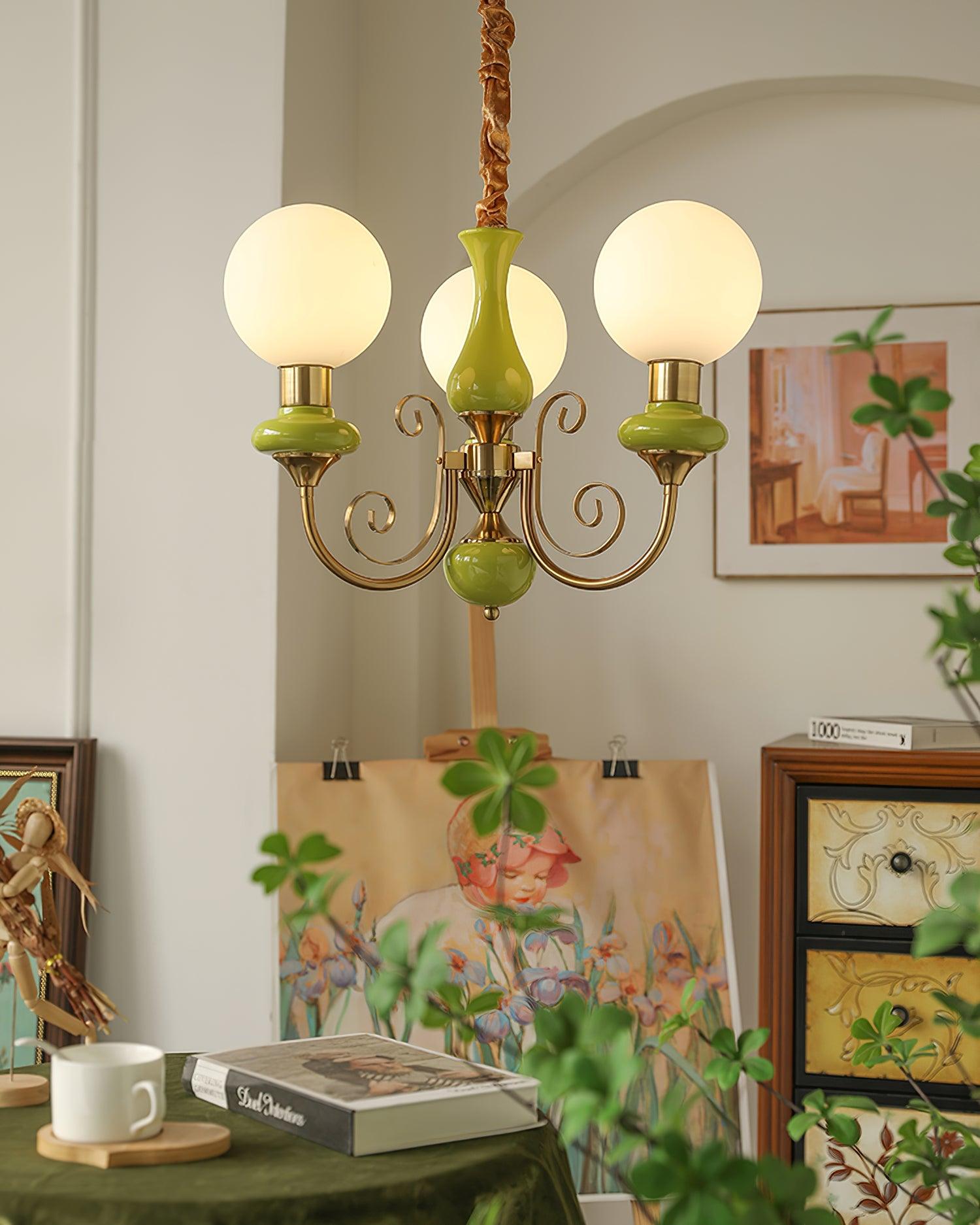 Lustra Lustre Abat-jours Verts Bras Courbés en Or