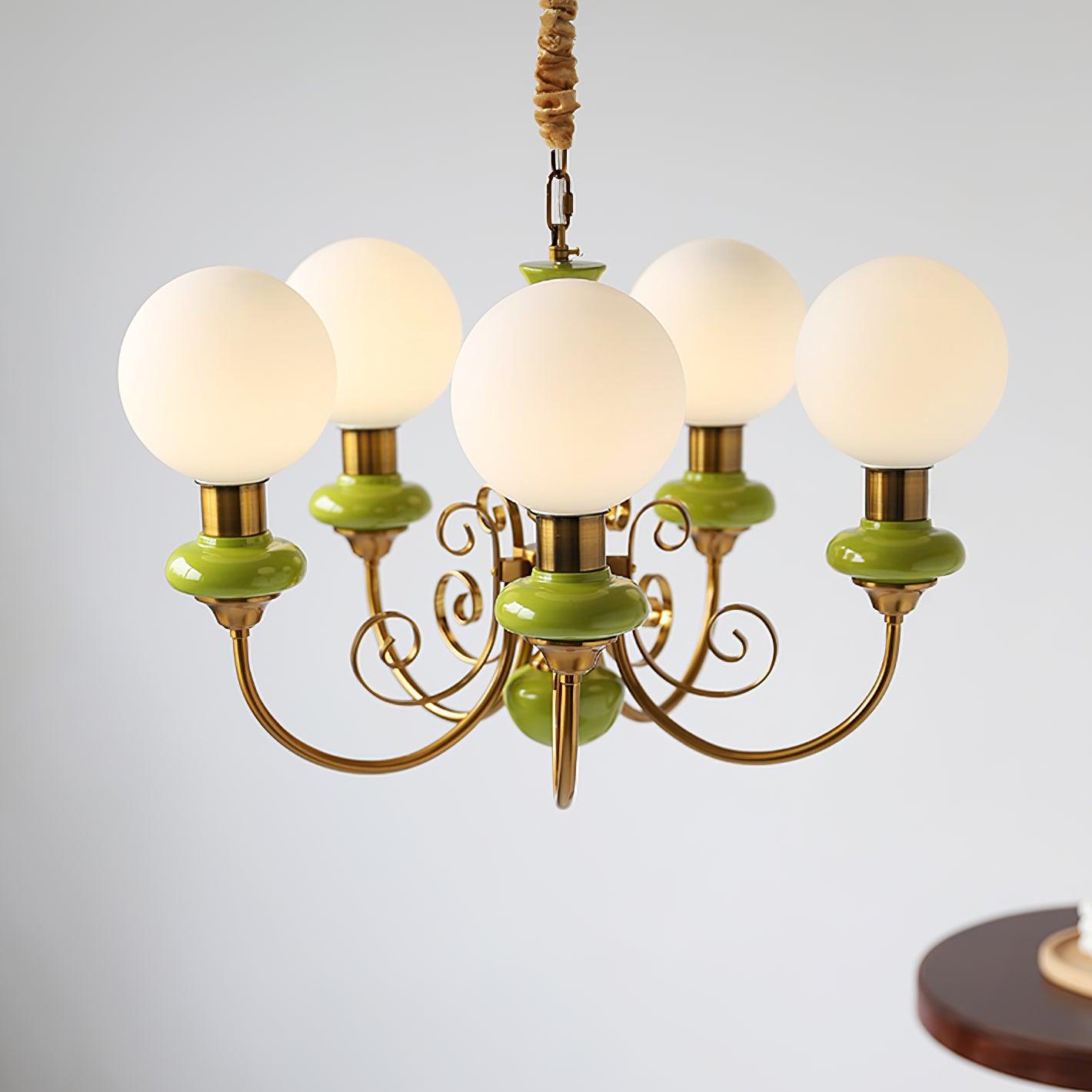 Lustra Lustre Abat-jours Verts Bras Courbés en Or