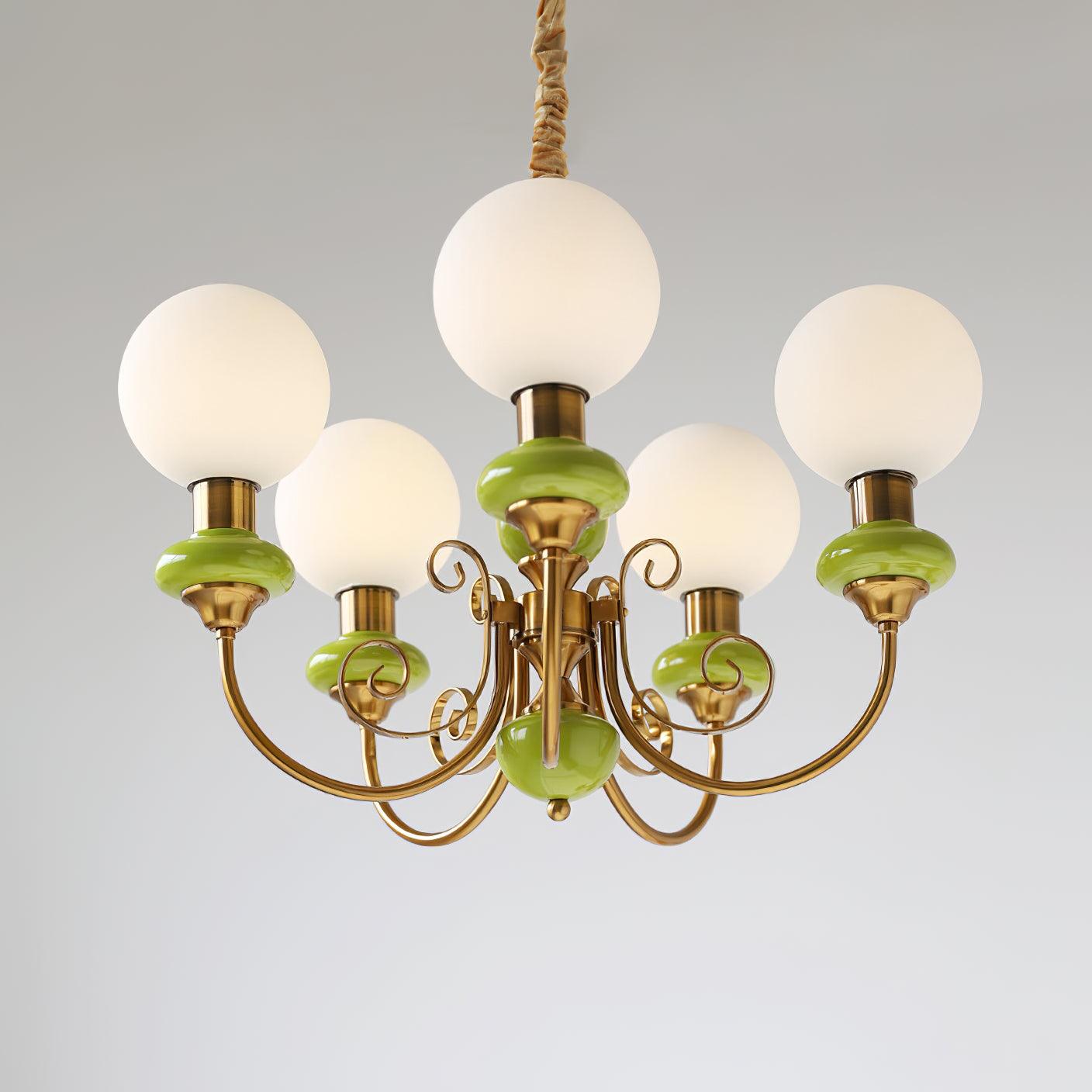 Lustra Lustre Abat-jours Verts Bras Courbés en Or
