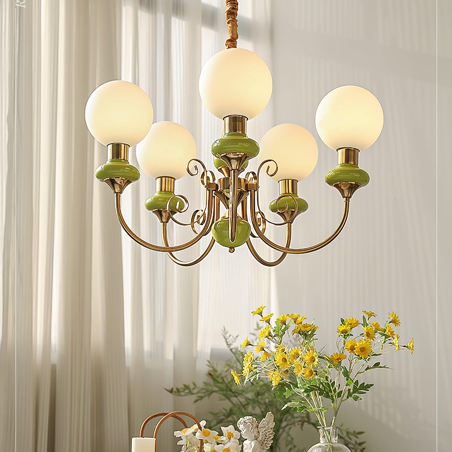 Lustra Lustre Abat-jours Verts Bras Courbés en Or