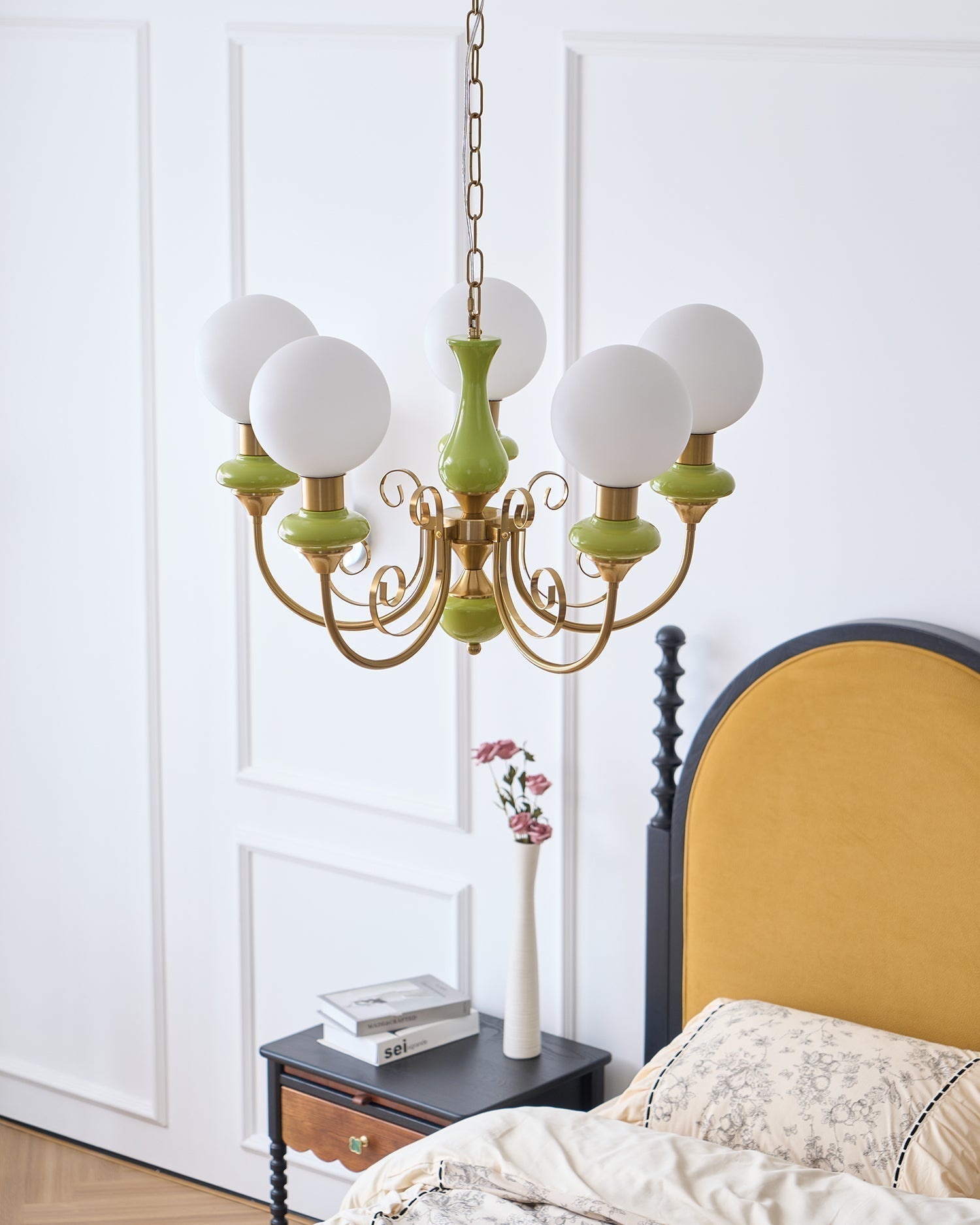 Lustra Lustre Abat-jours Verts Bras Courbés en Or