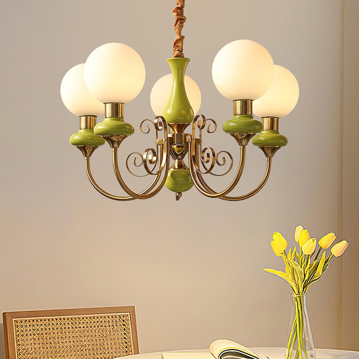 Lustra Lustre Abat-jours Verts Bras Courbés en Or