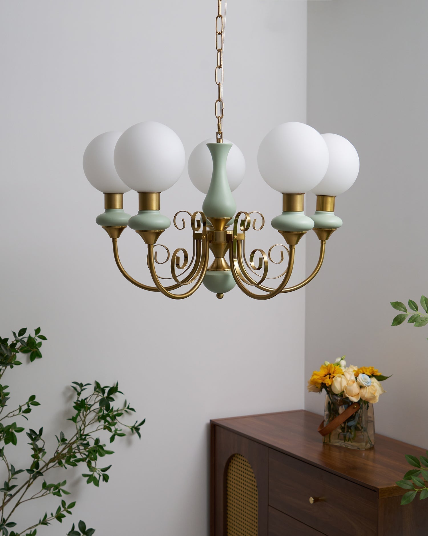 Lustra Lustre Abat-jours Verts Bras Courbés en Or