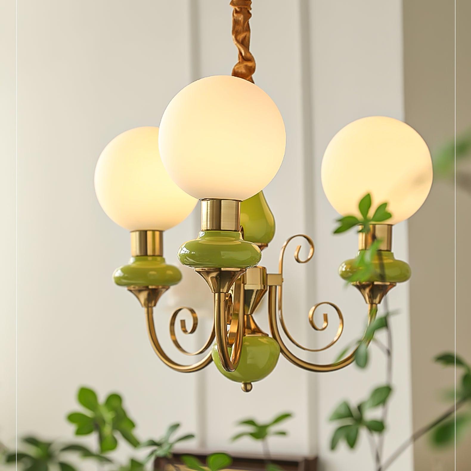 Lustra Lustre Abat-jours Verts Bras Courbés en Or