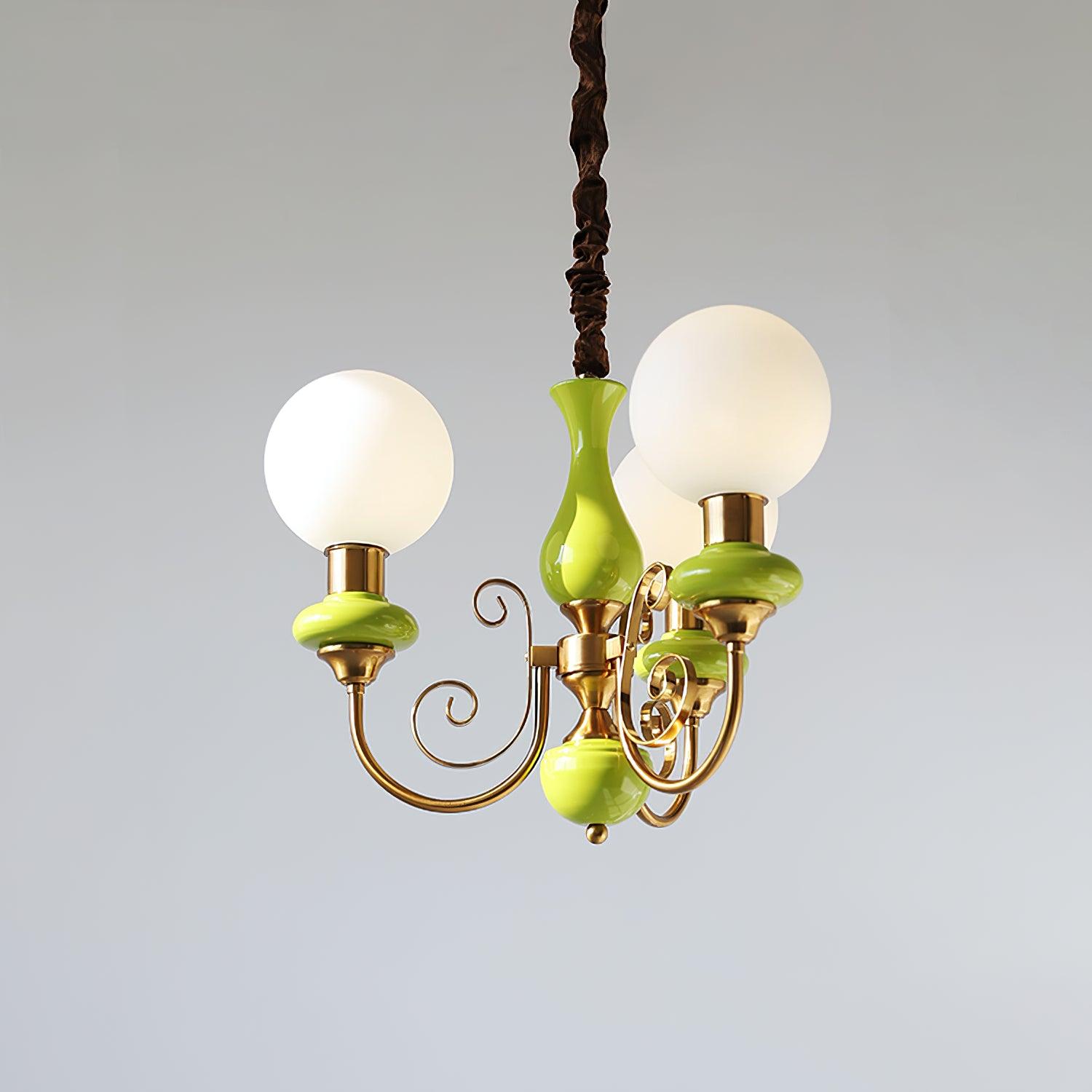 Lustra Lustre Abat-jours Verts Bras Courbés en Or