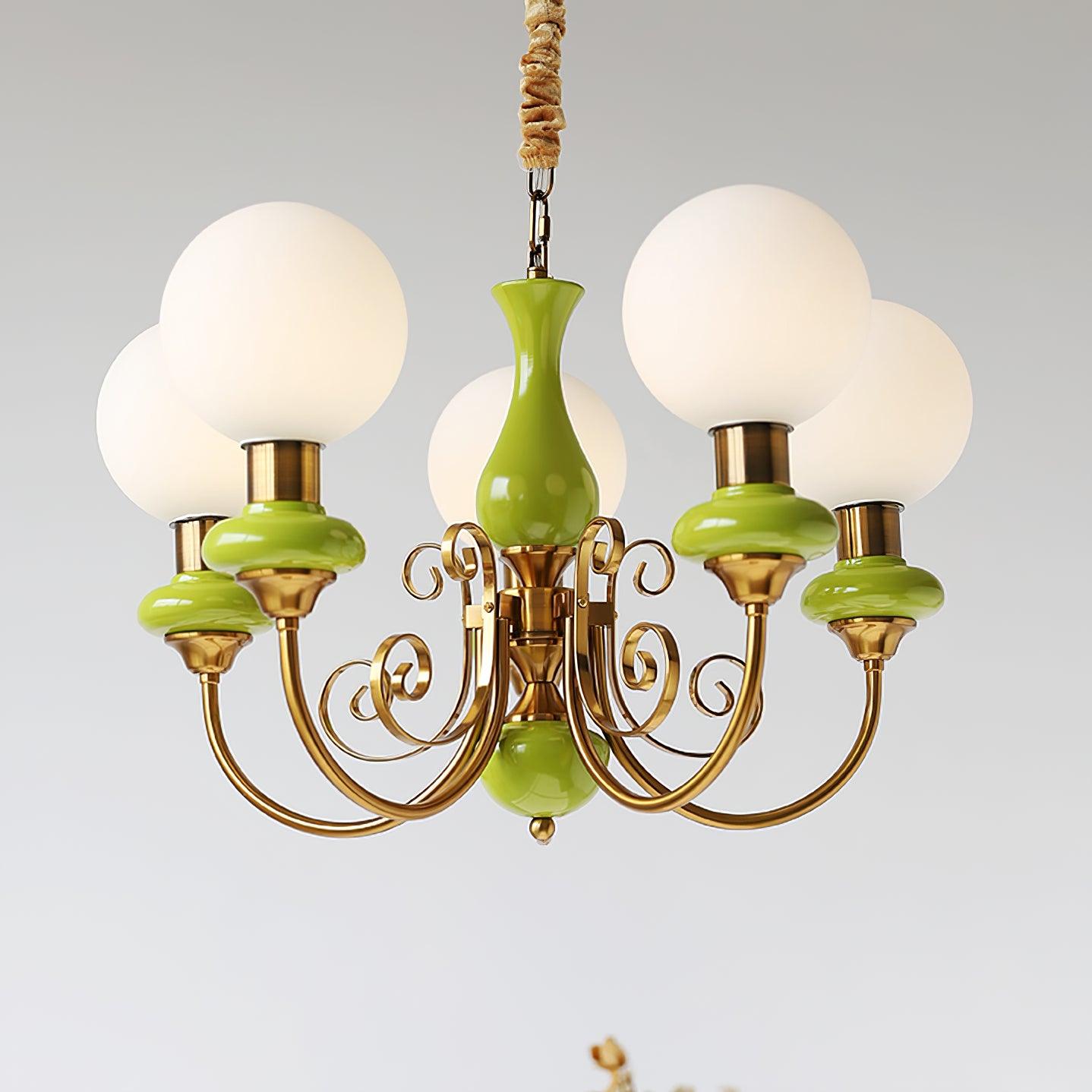 Lustra Lustre Abat-jours Verts Bras Courbés en Or