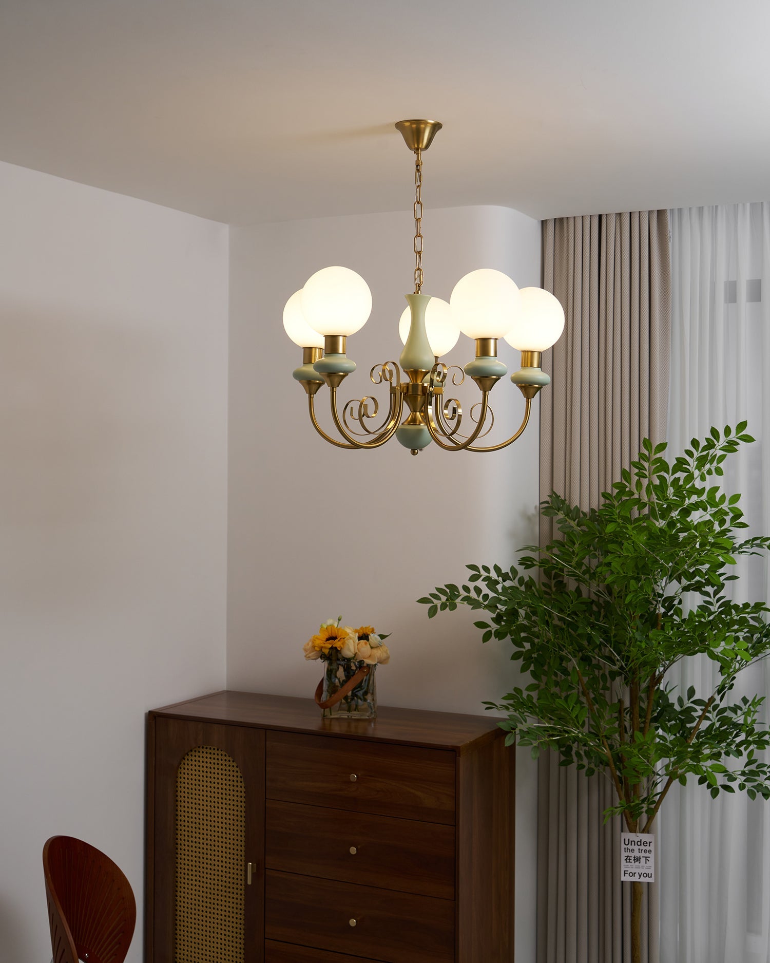 Lustra Lustre Abat-jours Verts Bras Courbés en Or
