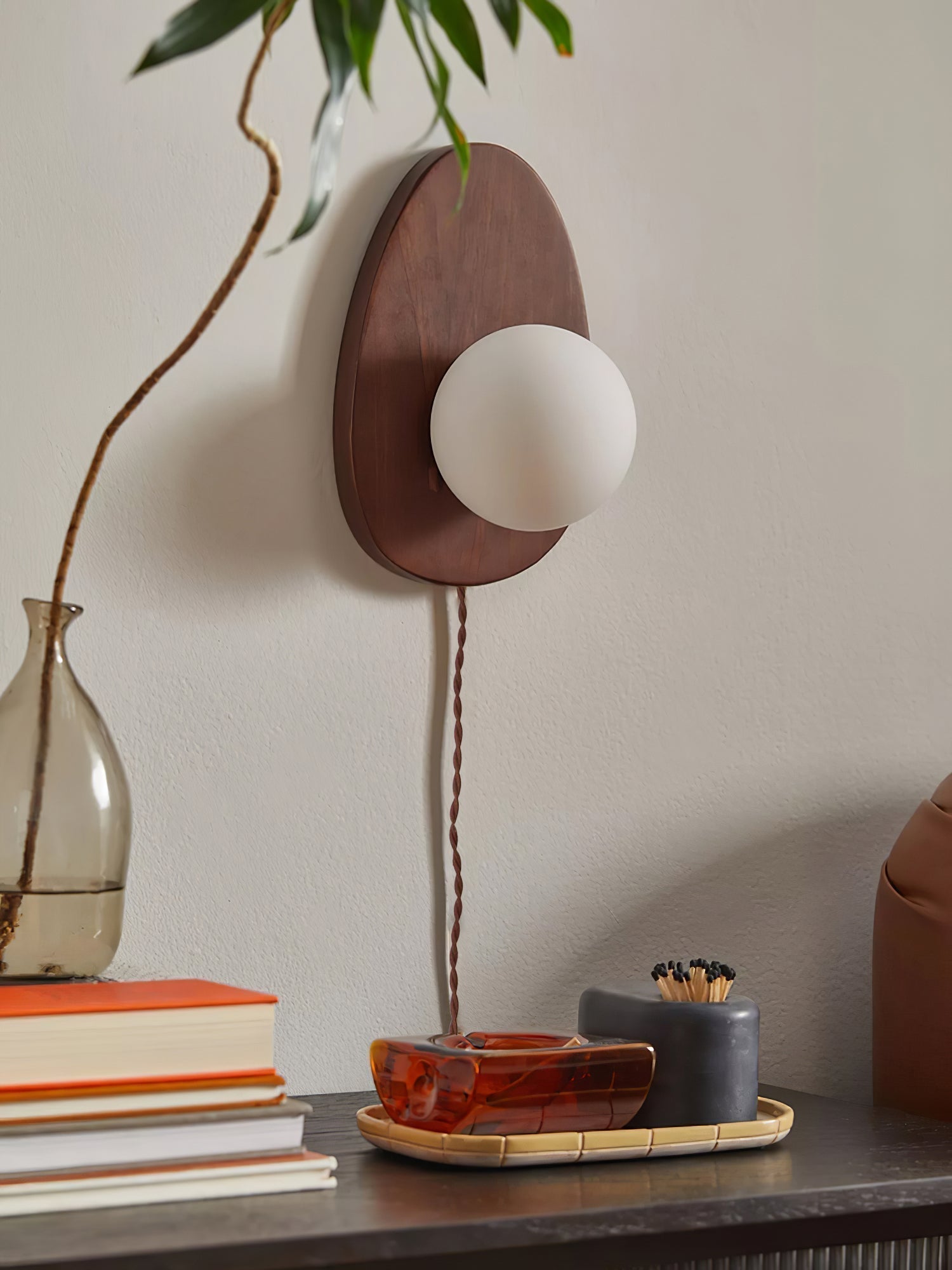 Nylaeiel Nordic Art Plug-in Walnut Glass Wood Wall Lamp