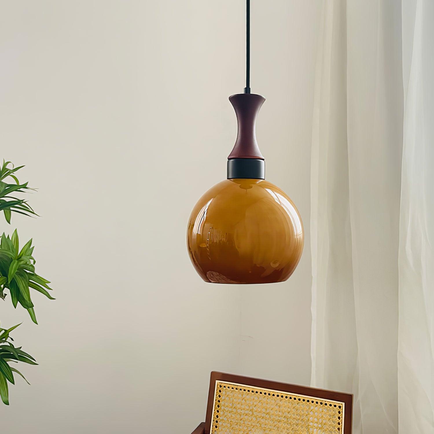 Orbique Lampe Suspension Bois Verre Moderne Minimaliste