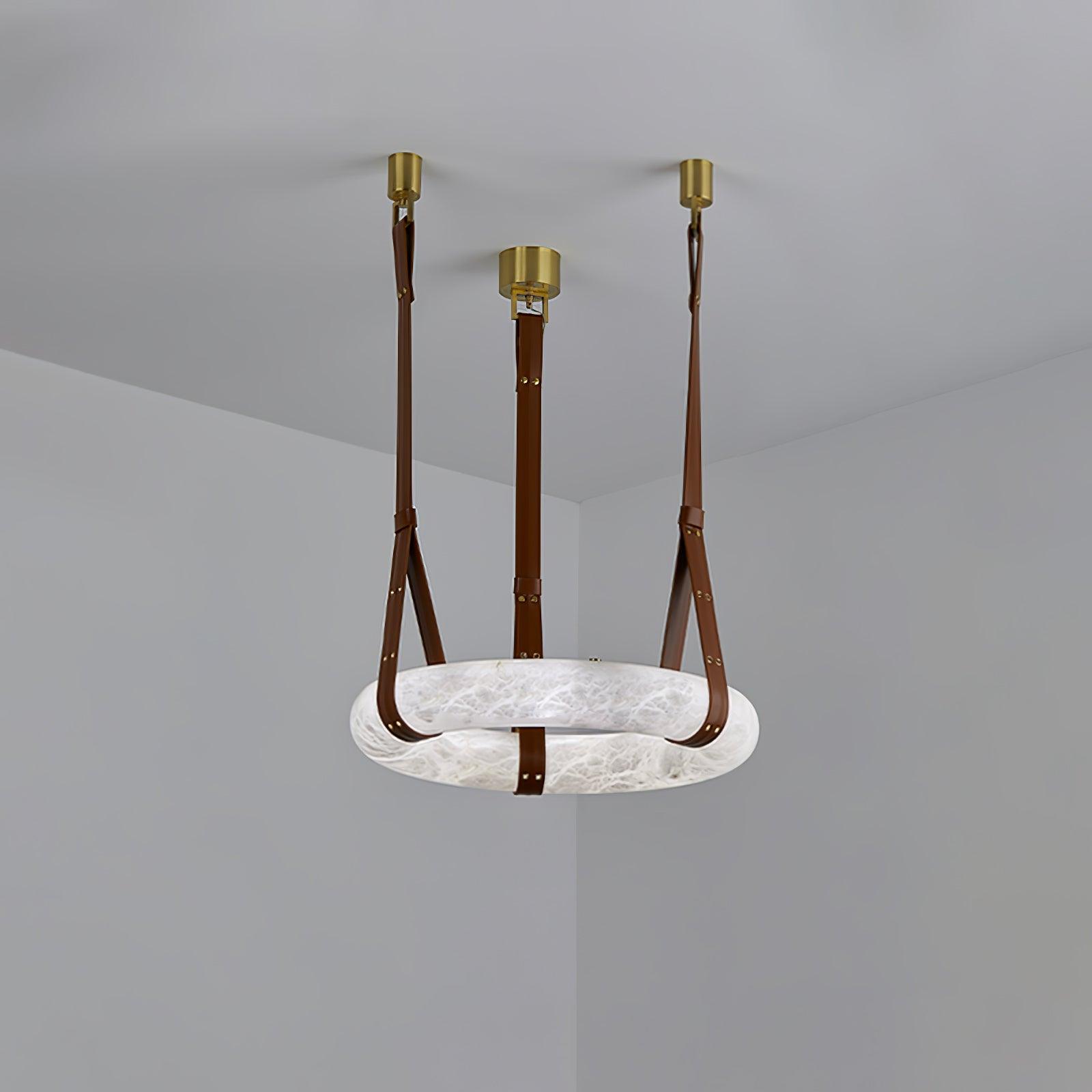 Aira Suspension Lampe Anneau en albâtre Lanières en cuir Luxe scandinave