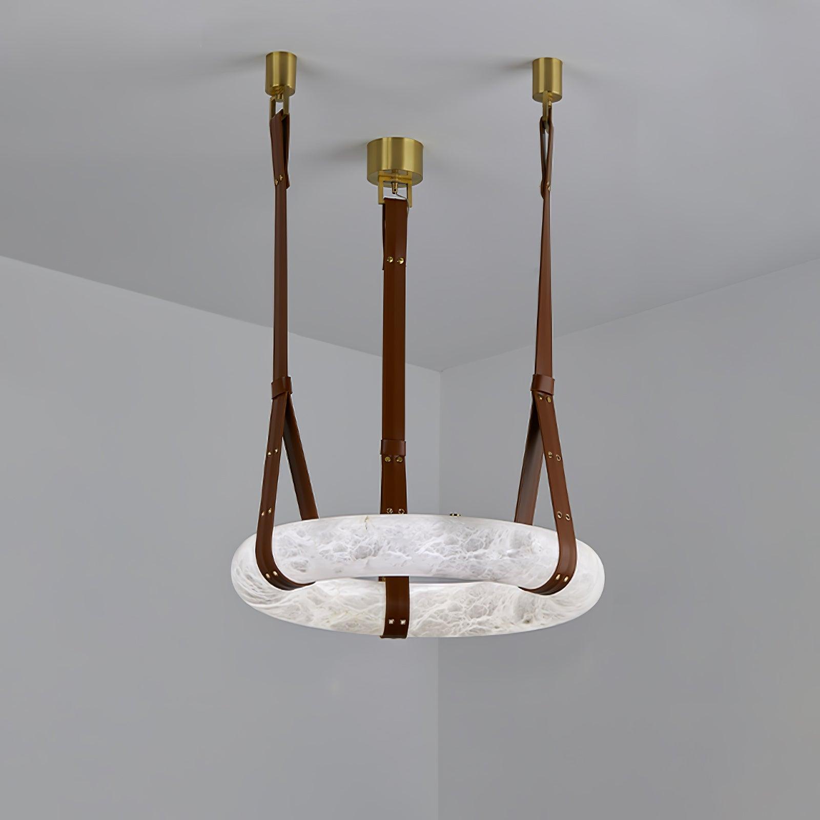 Aira Suspension Lampe Anneau en albâtre Lanières en cuir Luxe scandinave